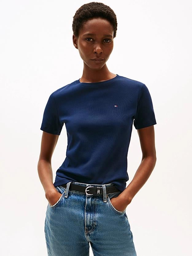 TOMMY HILFIGER Tommy Hilfiger Kadın %100 Pamuklu Logo Detaylı Bisiklet Yaka Kısa Kollu Mavi T-Shirt WW0WW40587-C1G