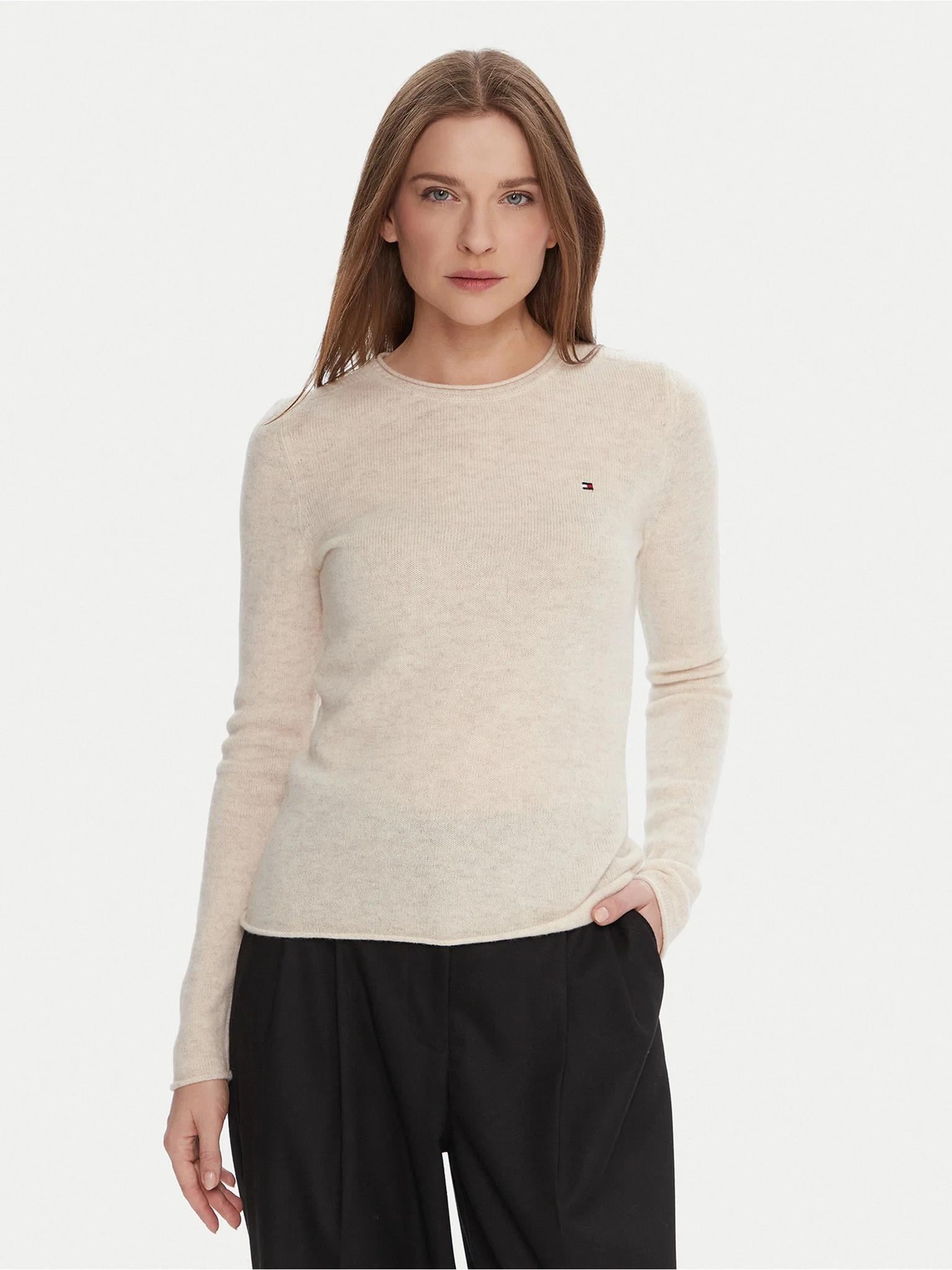 Tommy Hilfiger Tommy Hilfiger Kadın Kısa Kol Bisiklet Yaka Çizgili Regular Fit Bej Kazak WW0WW40264-ADK