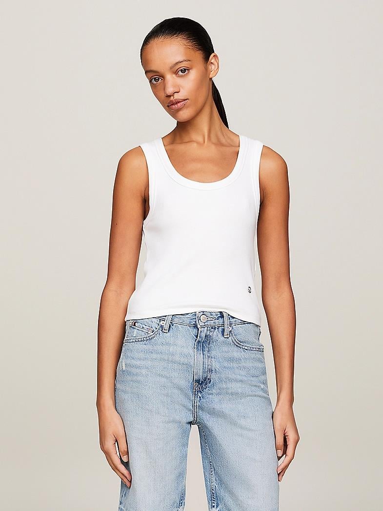 Tommy Hilfiger Tommy Hilfiger Kadın Logolu Yuvarlak Yaka  Crop Beyaz Bluz WW0WW41201-YCF