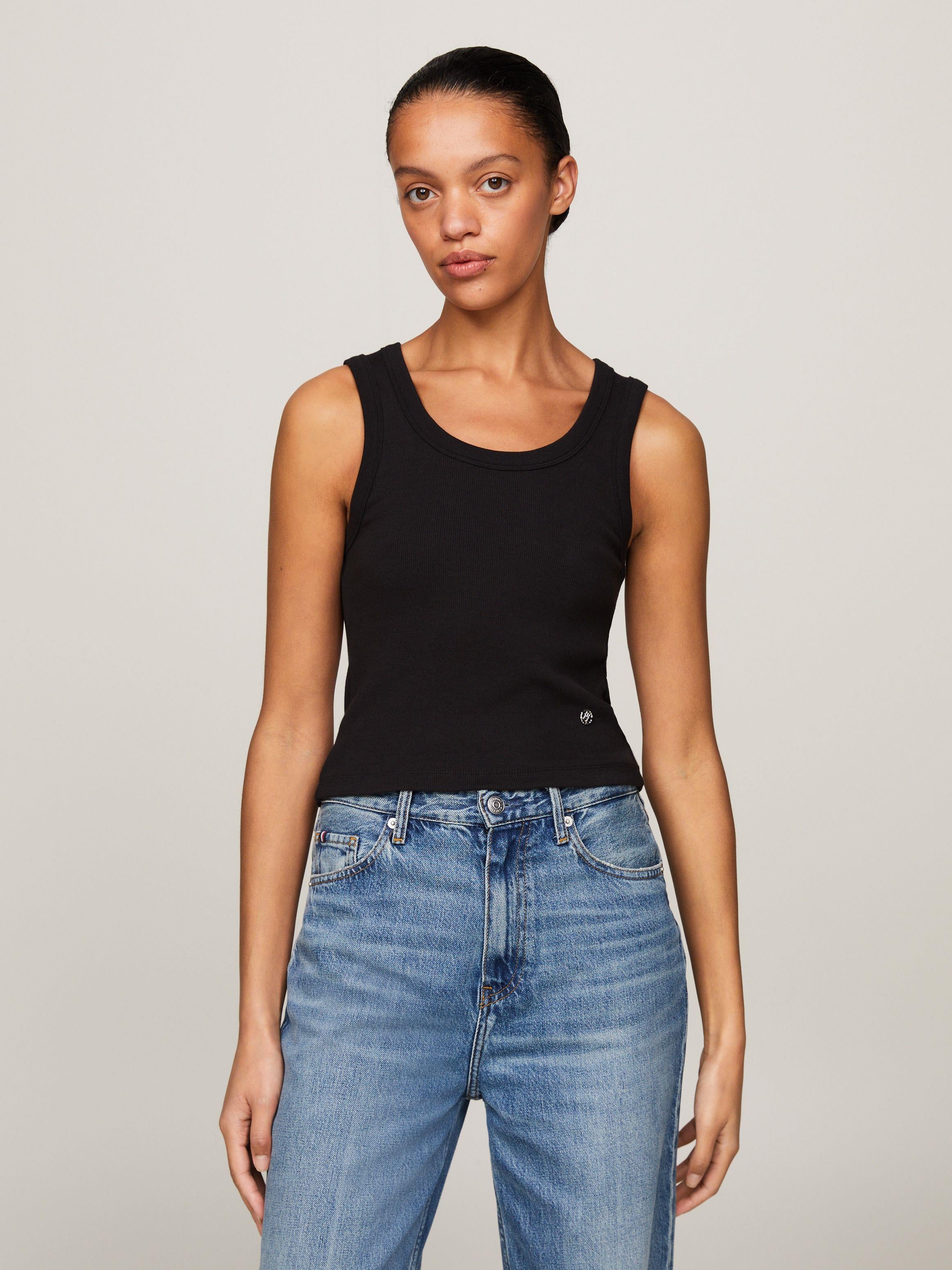 Tommy Hilfiger Tommy Hilfiger Kadın Logolu Yuvarlak Yaka  Crop Siyah Bluz WW0WW41201-BDS