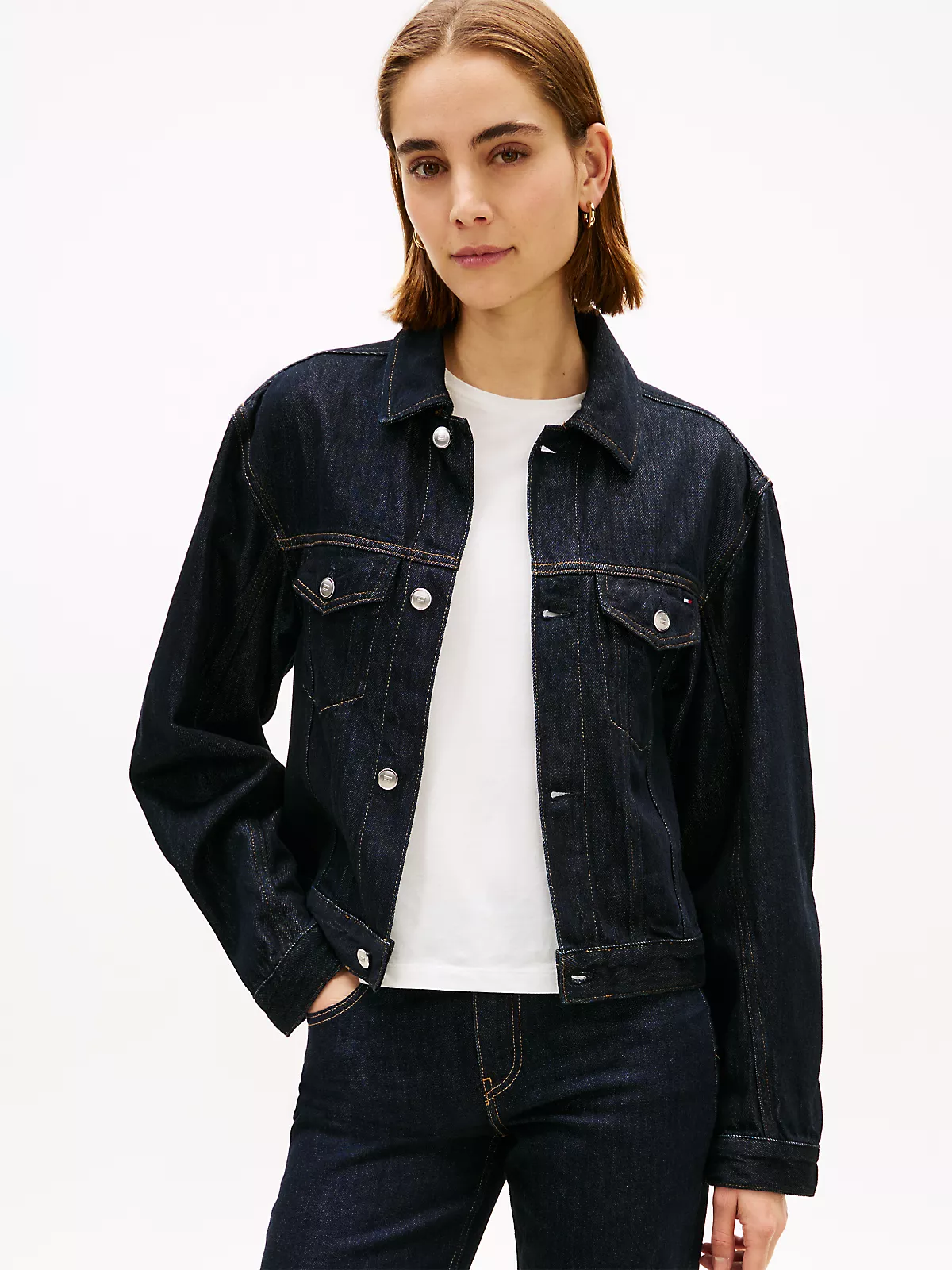 Tommy Hilfiger Tommy Hilfiger Kadın Normal Kalıp Hafif Düşük Omuzlu Uzun Kollu Pamuklu Denim Lacivert Ceket WW0WW49523-1AP