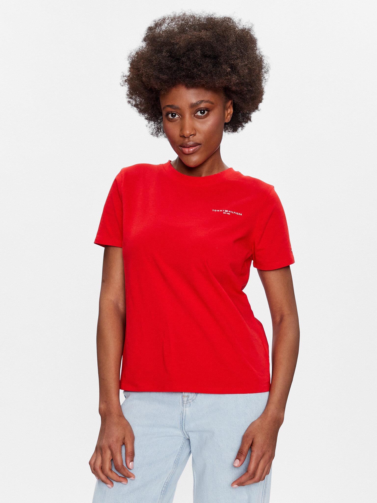 Tommy Hilfiger Tommy Hilfiger Kadın Pamuklu Yuvarlak Yaka Marka Logolu Kırmızı T-Shirt WW0WW37877-SNE