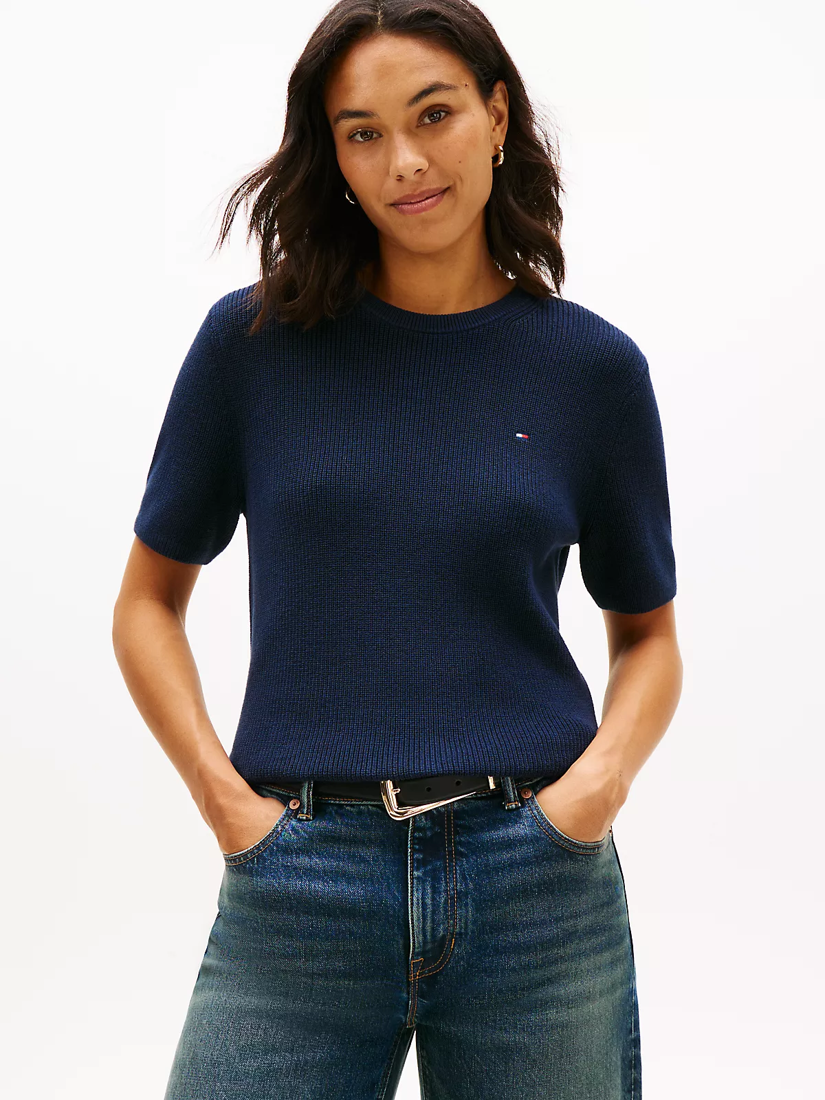 Tommy Hilfiger Tommy Hilfiger Kadın Saf Pamuklu Yuvarlak Yakalı Kısa Kollu Lacivert Kazak WW0WW48793-C1G