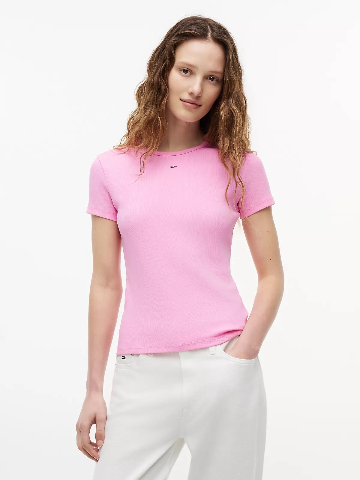 Tommy Hilfiger Tommy Hilfiger Kadın Slim Fit Yatay Çizgili Yuvarlak Yakalı Kısa Kollu Pembe T-Shirt DW0DW17383-TOU