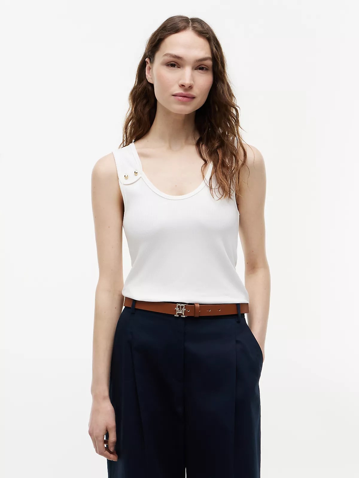 Tommy Hilfiger Tommy Hilfiger Kadın Slim Fit Yuvarlak Yaka Çizgili Kalın Askı Beyaz T-Shirt WW0WW52112-YBL