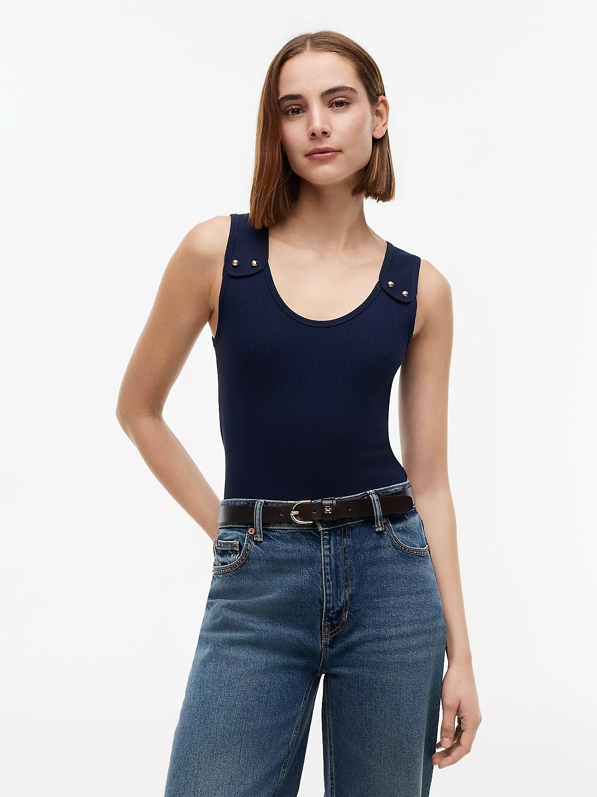 Tommy Hilfiger Tommy Hilfiger Kadın Slim Fit Yuvarlak Yaka Çizgili Kalın Askı Lacivert T-Shirt WW0WW52112-C1G