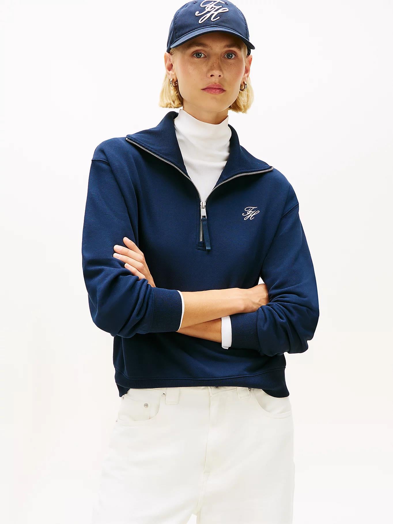 Tommy Hilfiger Tommy Hilfiger Kadın Yarım Fermuarlı Örgü Lacivert Sweatshirt WW0WW49470-C1G