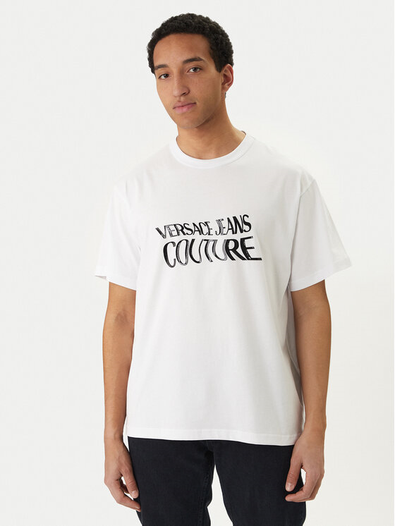 Versace Versace Erkek Regular Fit Logo Desenli Pamuklu Yuvarlak Yakalı Kısa Kollu Beyaz T-Shirt 80GAHE04 CJ00E-003