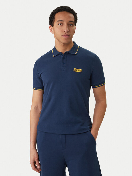 Versace Versace Erkek Regular Fit Pamuklu Kolarında Şerit Desenli Kısa Kollu Mavi-Gold T-Shirt 80GAGT05 CJ01T-G83