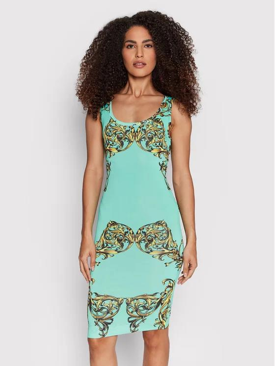 Versace Versace Kadın Desenli Slim Fit Yuvarlak Yaka Midi Yeşil Elbise 72HAO946 JS051-G12