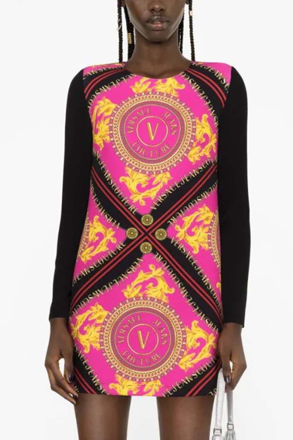 Versace Versace Kadın Desenli Yuvarlak Yaka  Uzun Kol Siyah-Pembe Elbise 75HAO921NS355-QC6