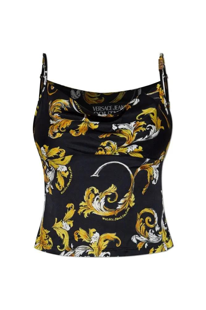 Versace Versace Kadın Slim Fit Geniş Yaka İnce İp Askılı Crop Siyah-Altın Bluz 78HAM236NS639-G89