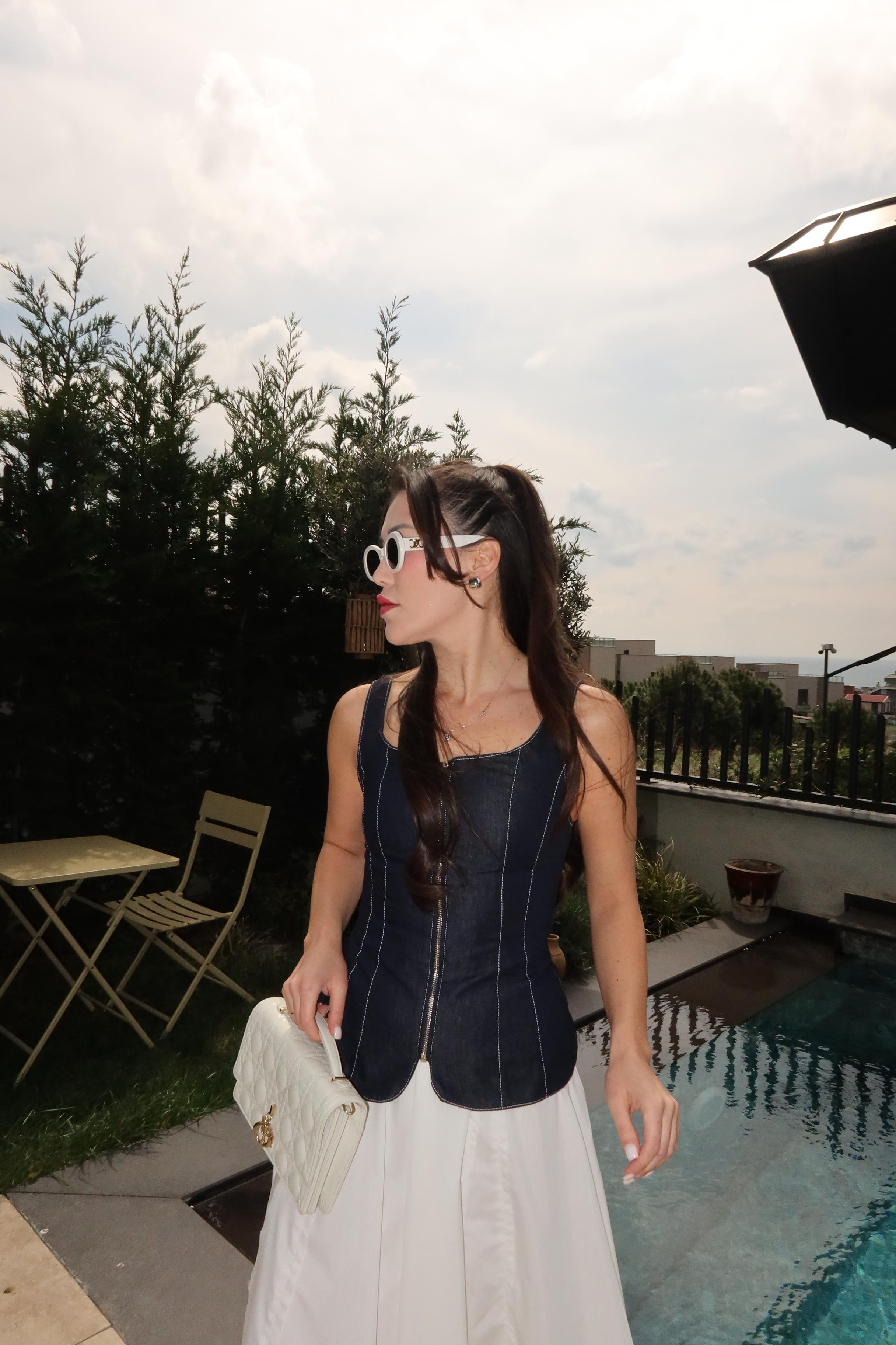 Dikiş Detaylı Fermuarlı Denim Yelek