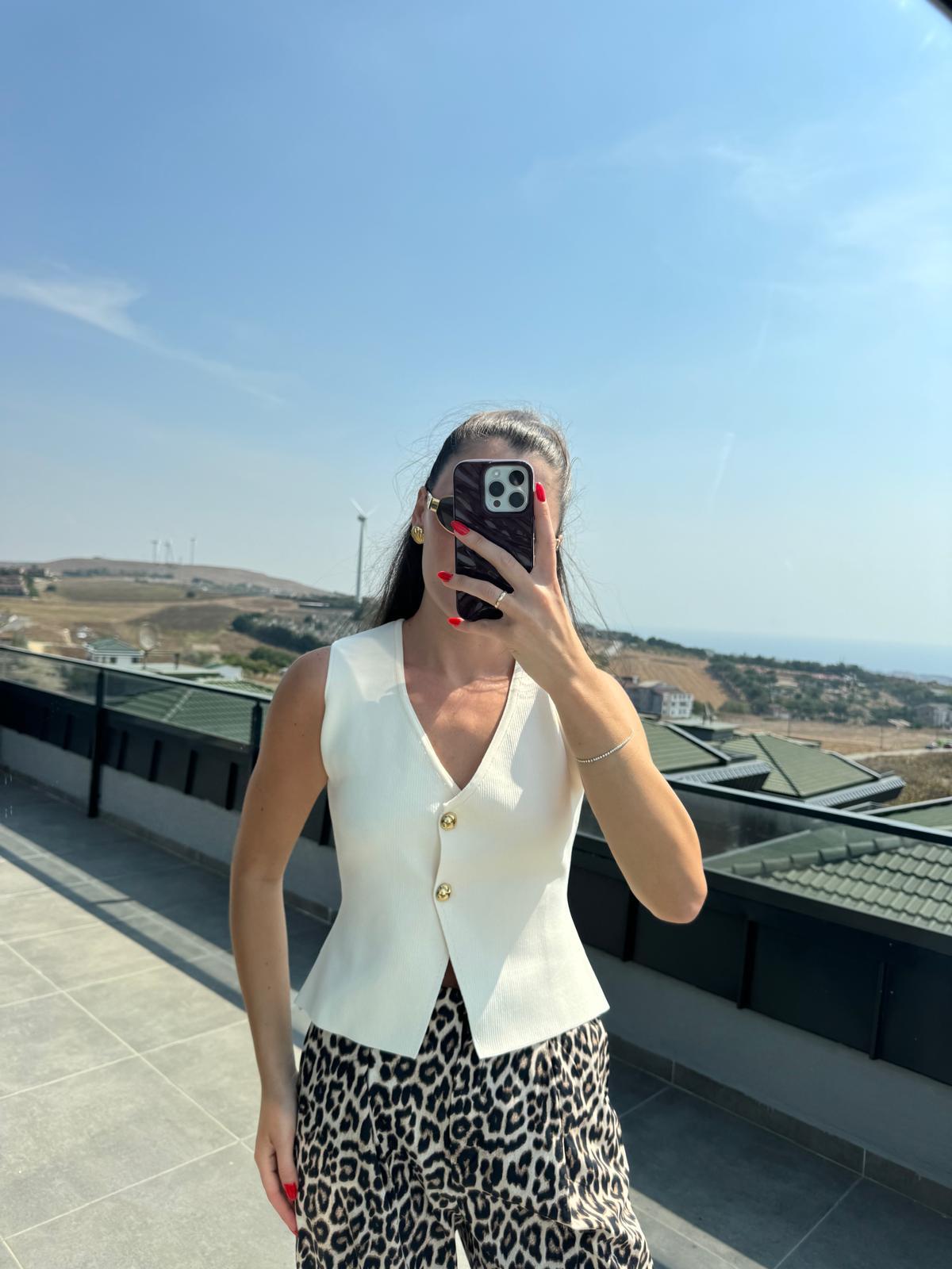 Krem Rengi Çelik Triko Yelek