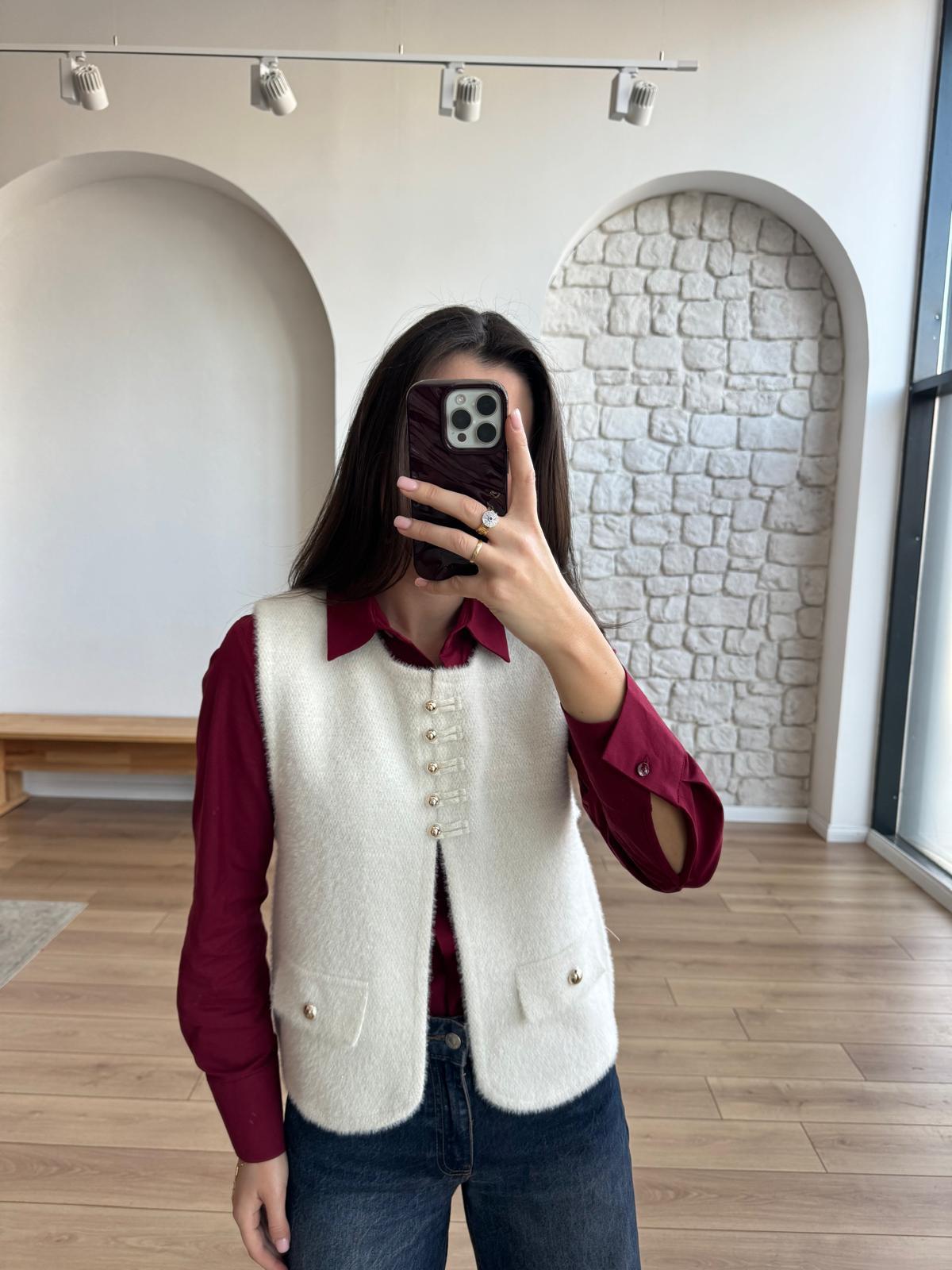 Simli Sakallı Ekru Yelek