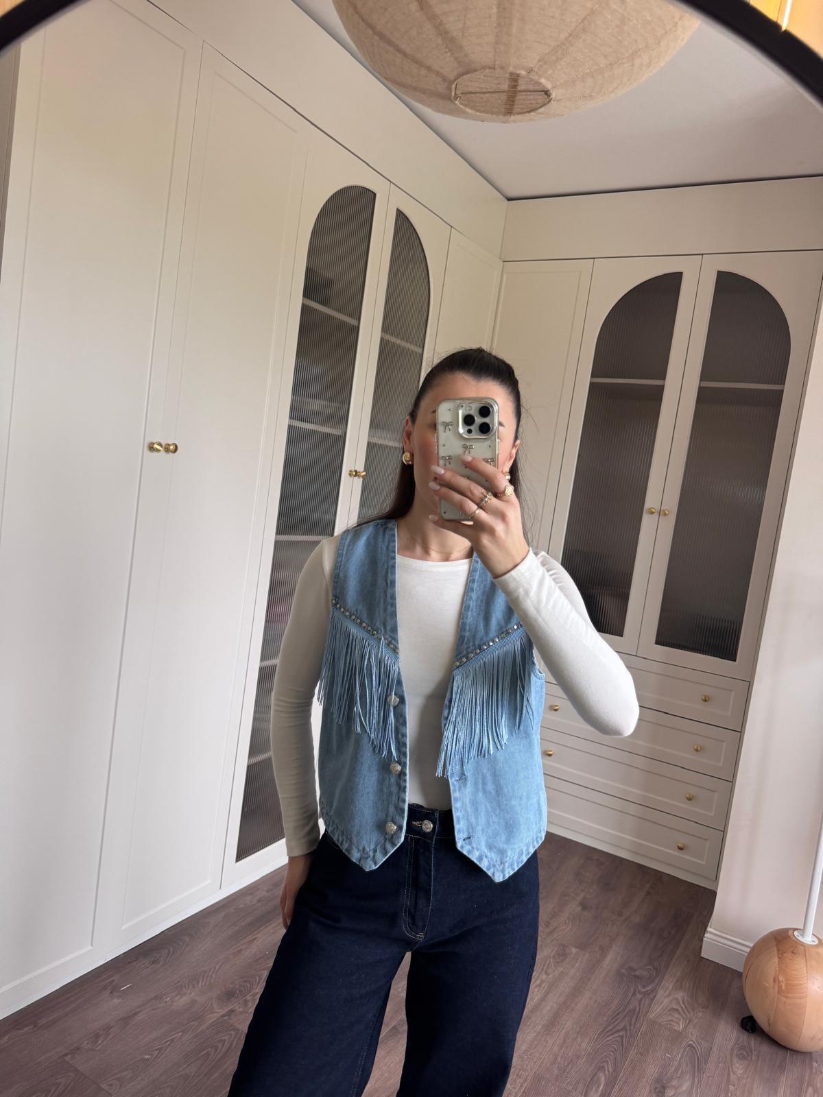 Zımba Ve Püskül Detaylı Denim Yelek