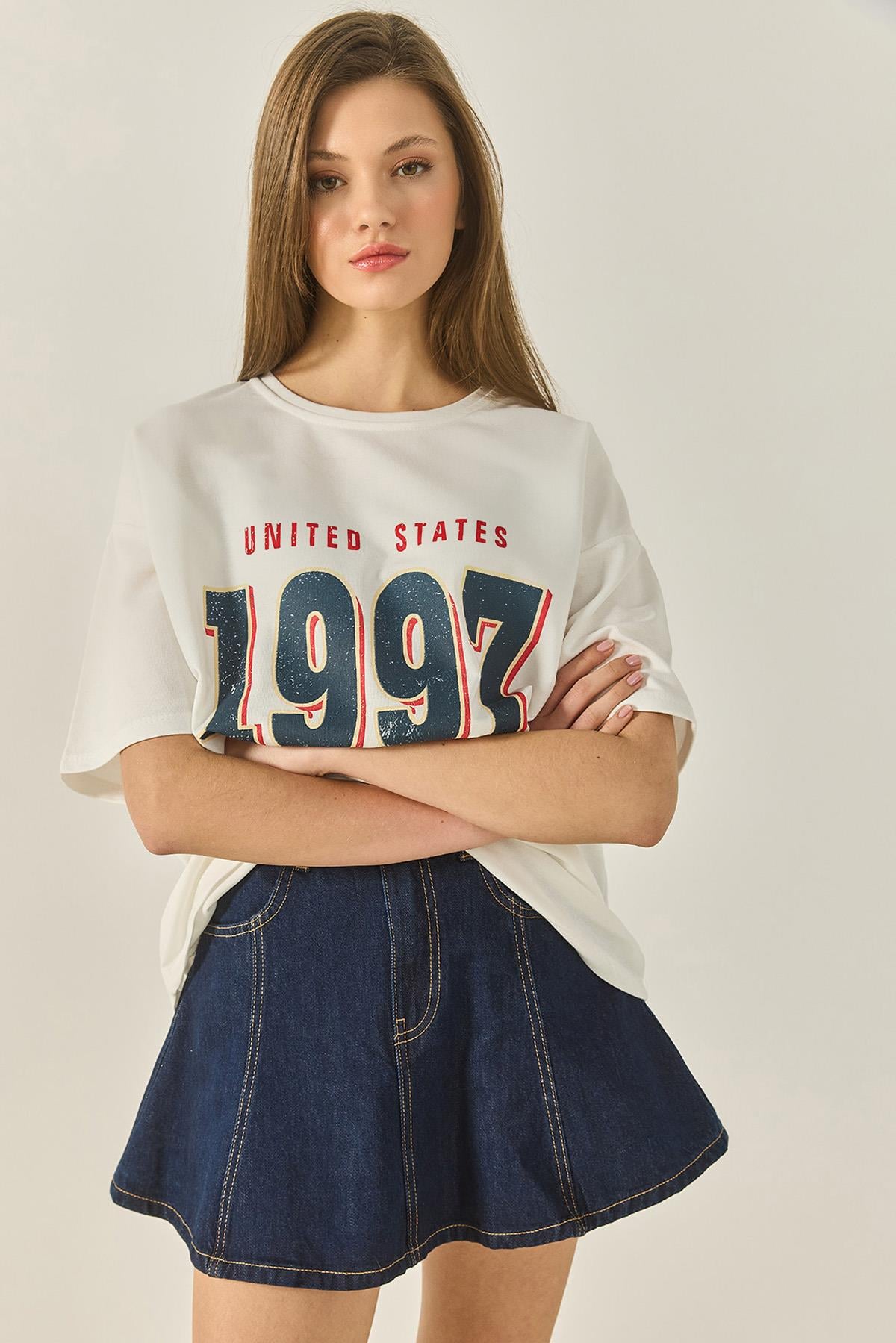 1997 Baskılı Pamuklu Oversize T-Shirt 3056 60284048 - Beyaz
