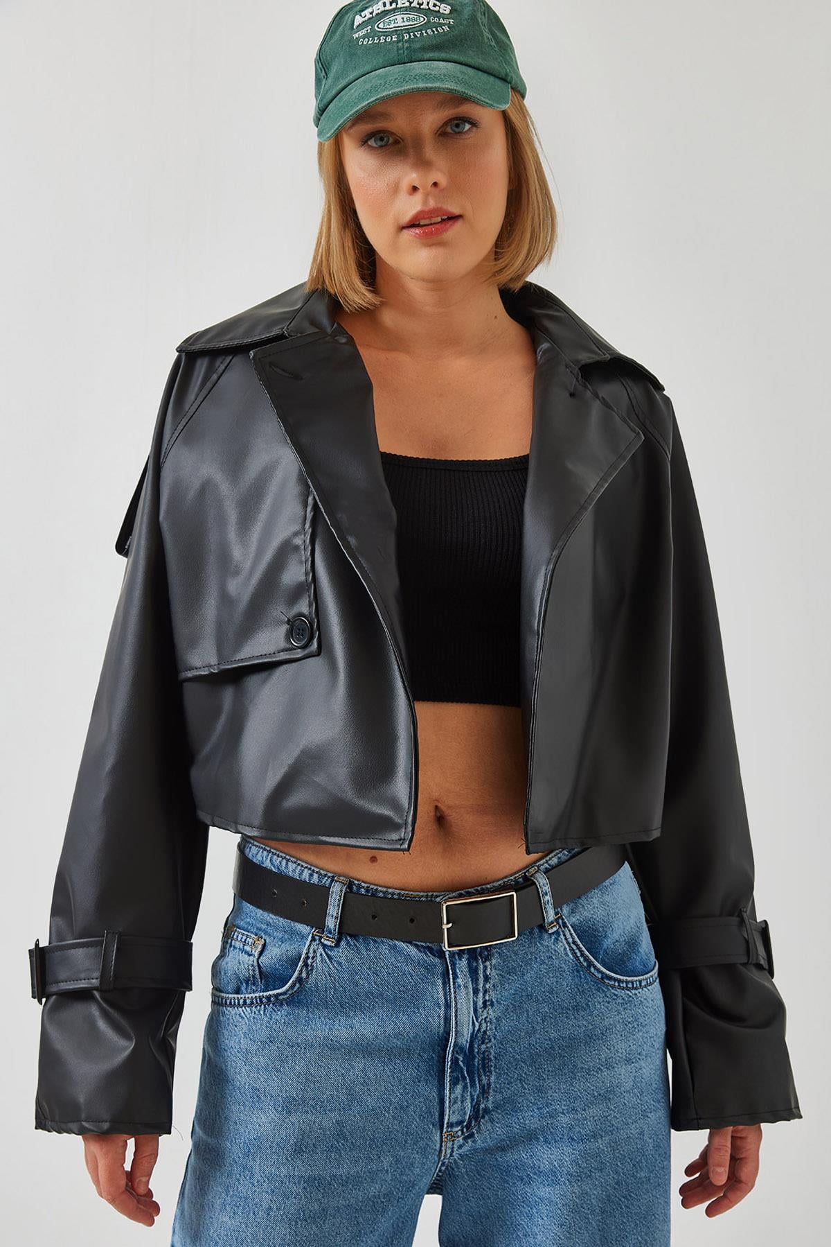 Aller Detay Crop Deri Ceket 2607 60351263 - Siyah