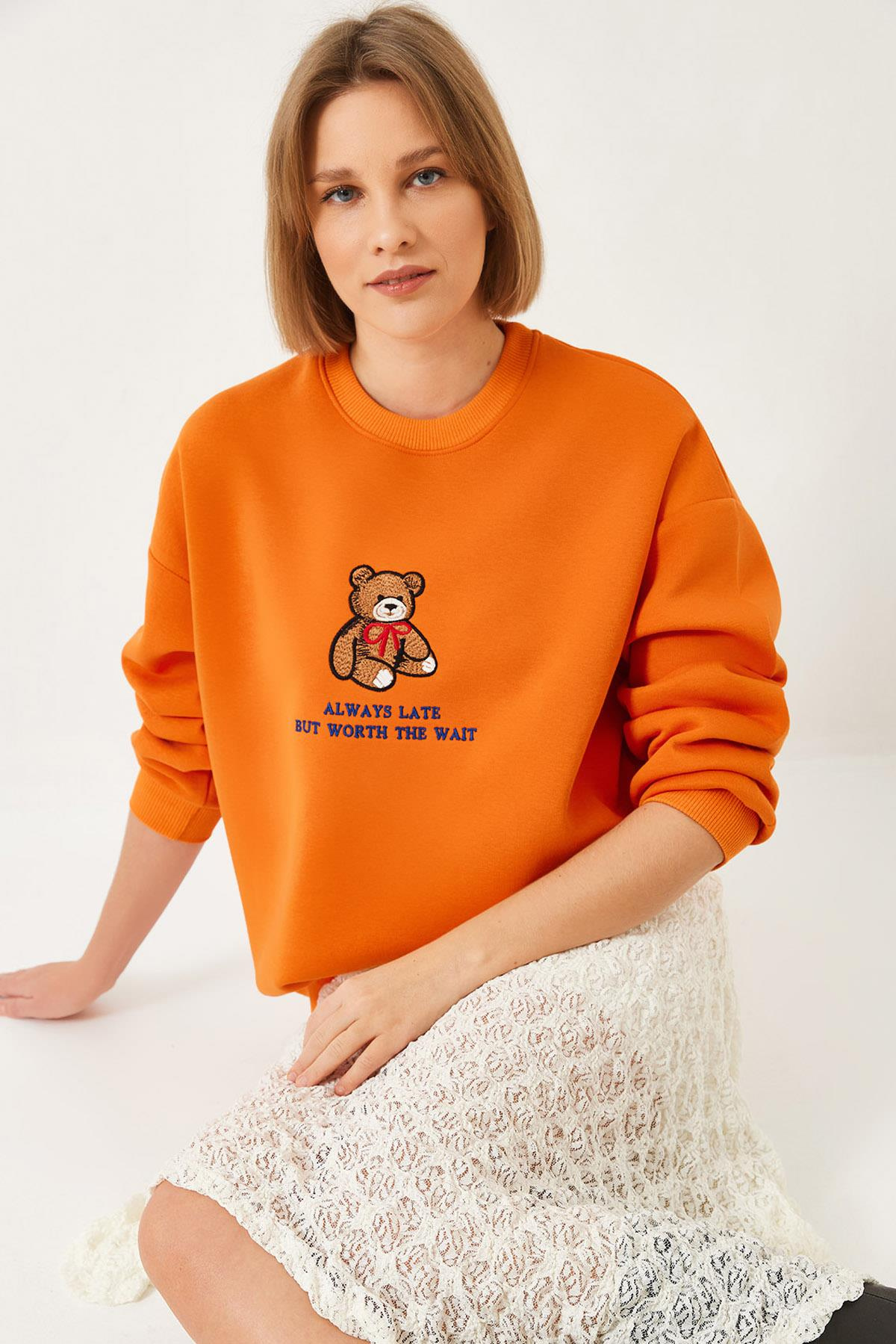 Ayıcık Baskılı Yazılı Ribanalı Basic Sweatshirt ÖS241011 60261314 - turuncu