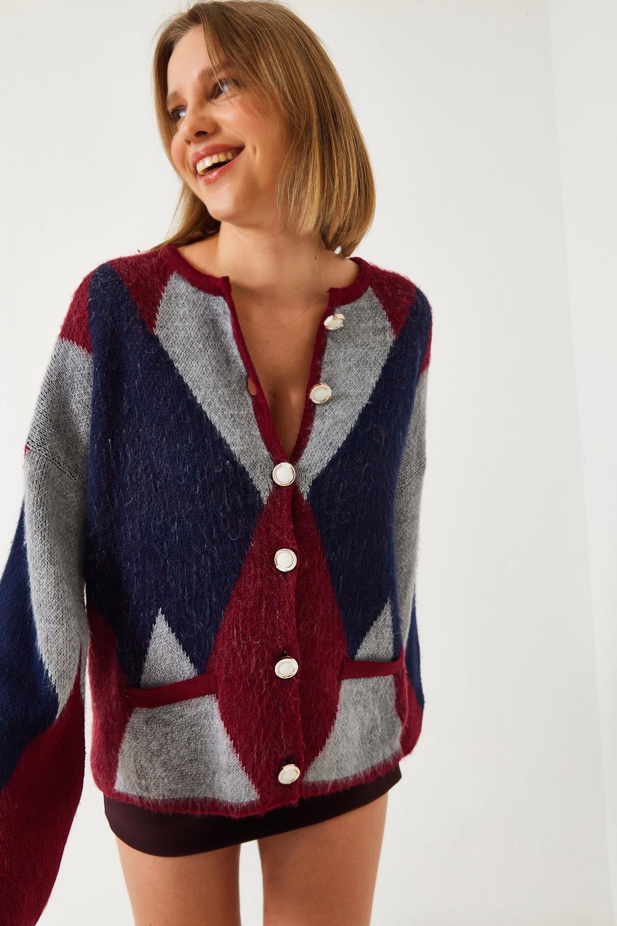 Baklava Desenli Oversize Triko Hırka 4021 60261248 - Bordo-Lacivert