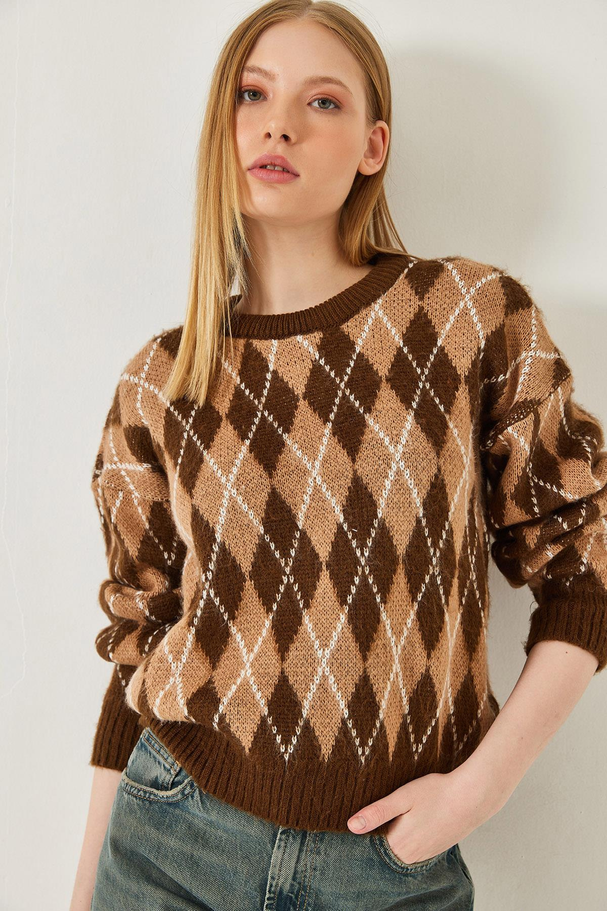 Baklava Desenli Şardonlu Triko Kazak 60351320 - Camel