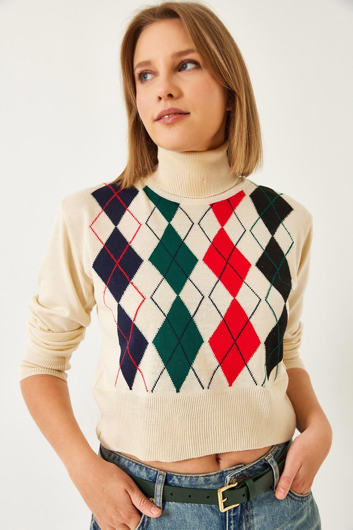 Balıkçı Yaka Desenli Crop Triko Kazak 60351303 - Bej
