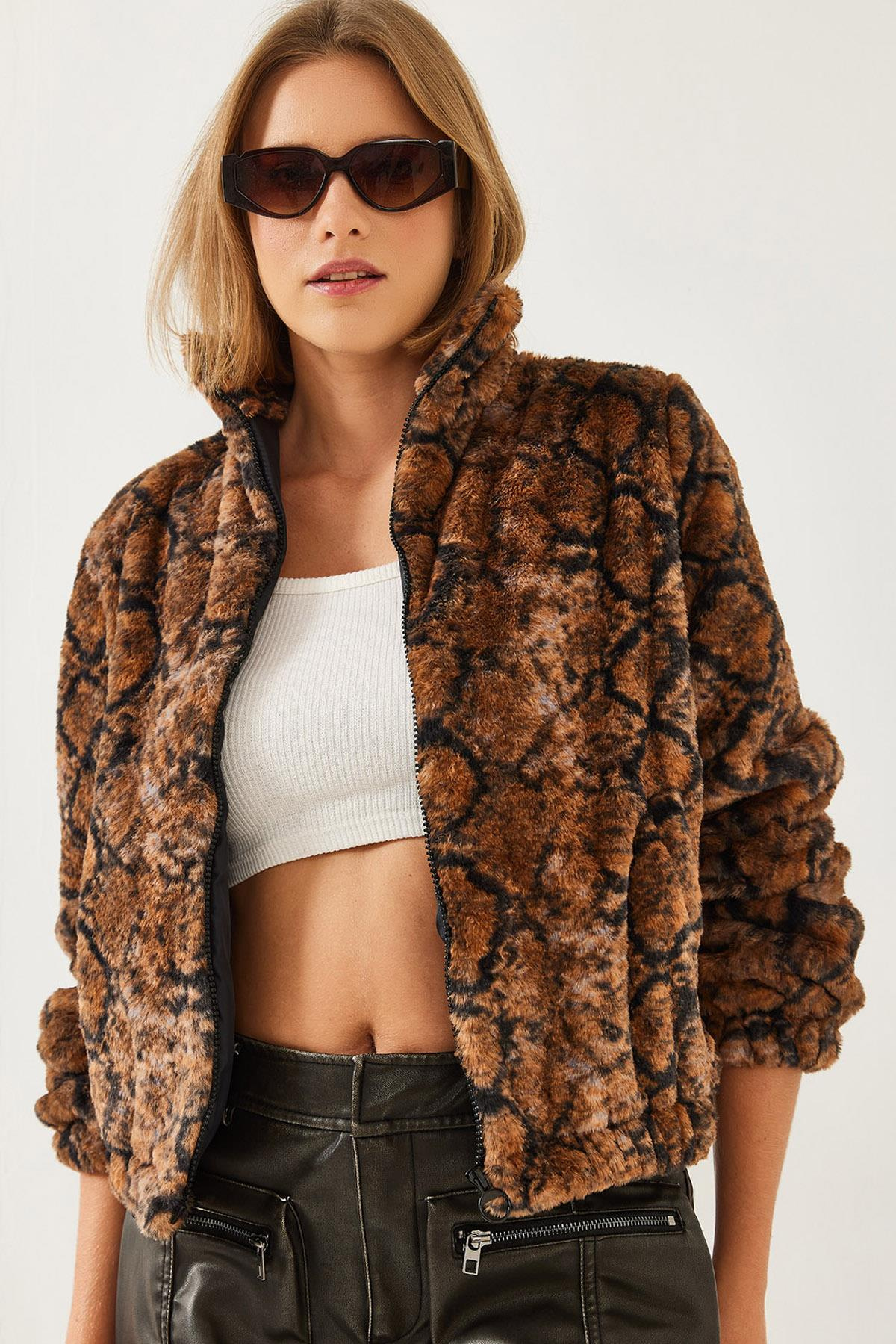 Balıkçı Yaka Fermuarlı Peluş Mont 3108 60351231 - Siyah-Camel