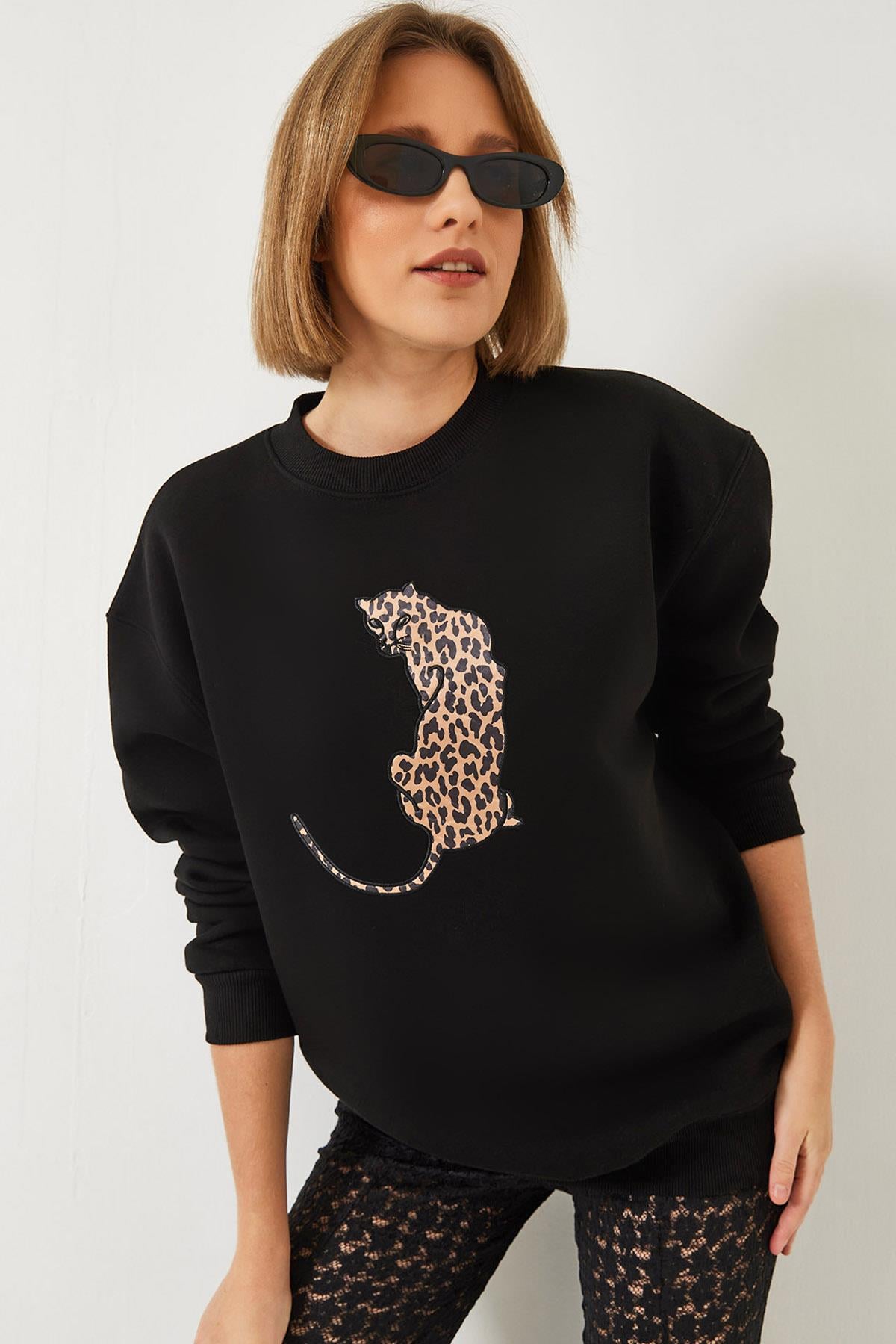 Baskılı Üç İplik Şardonlu Oversize Sweatshirt 60261318 - Siyah