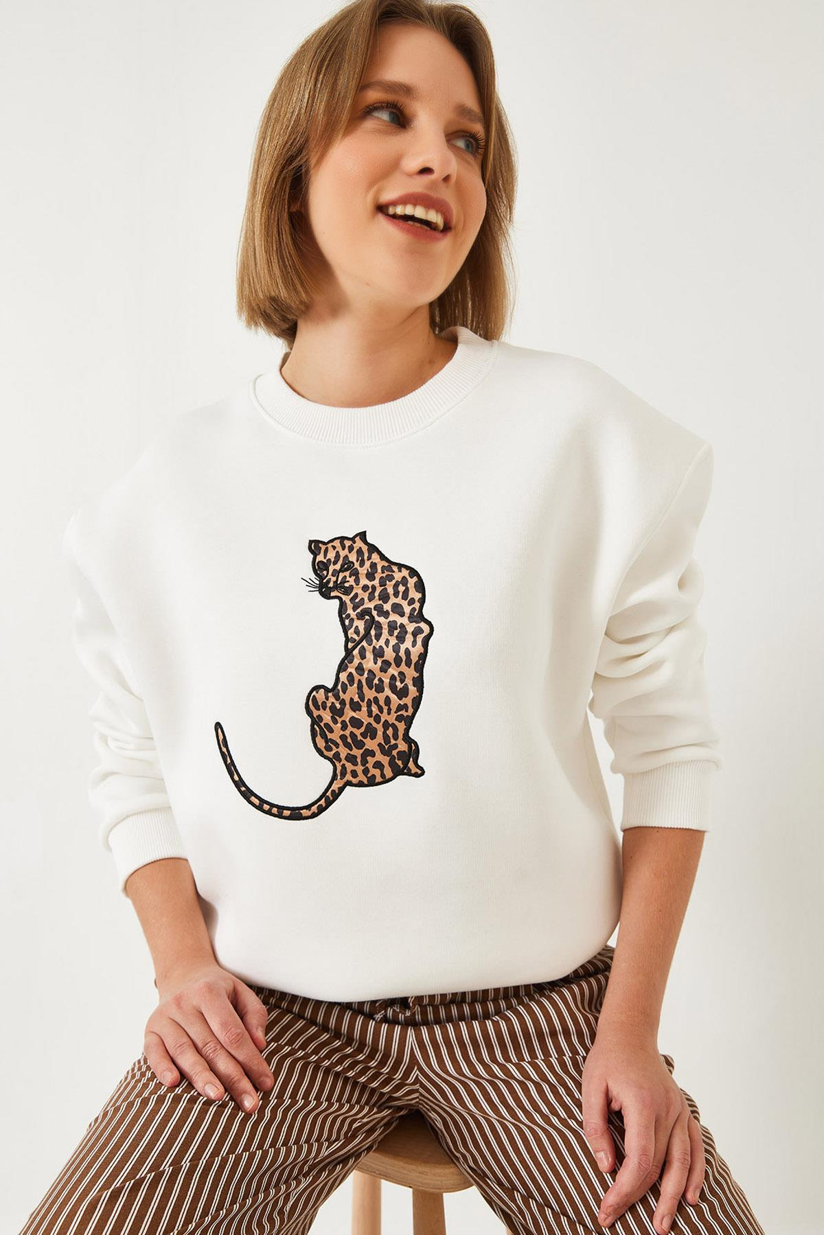 Baskılı Üç İplik Şardonlu Oversize Sweatshirt 60261318 - Beyaz