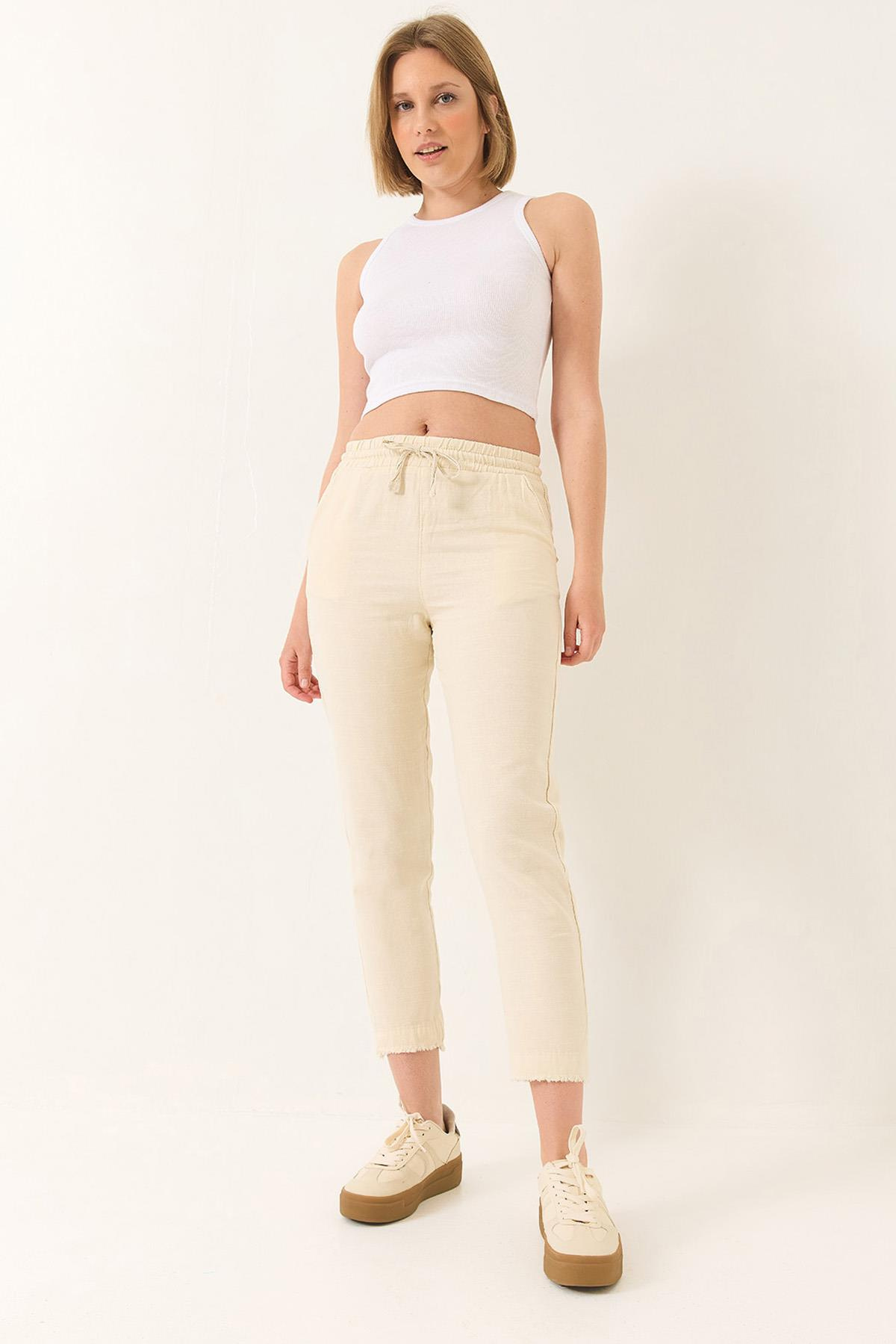 Beli Bağlamalı Paça Detaylı Cepli Keten Havuç Pantolon YP5134 60283180 - Bej