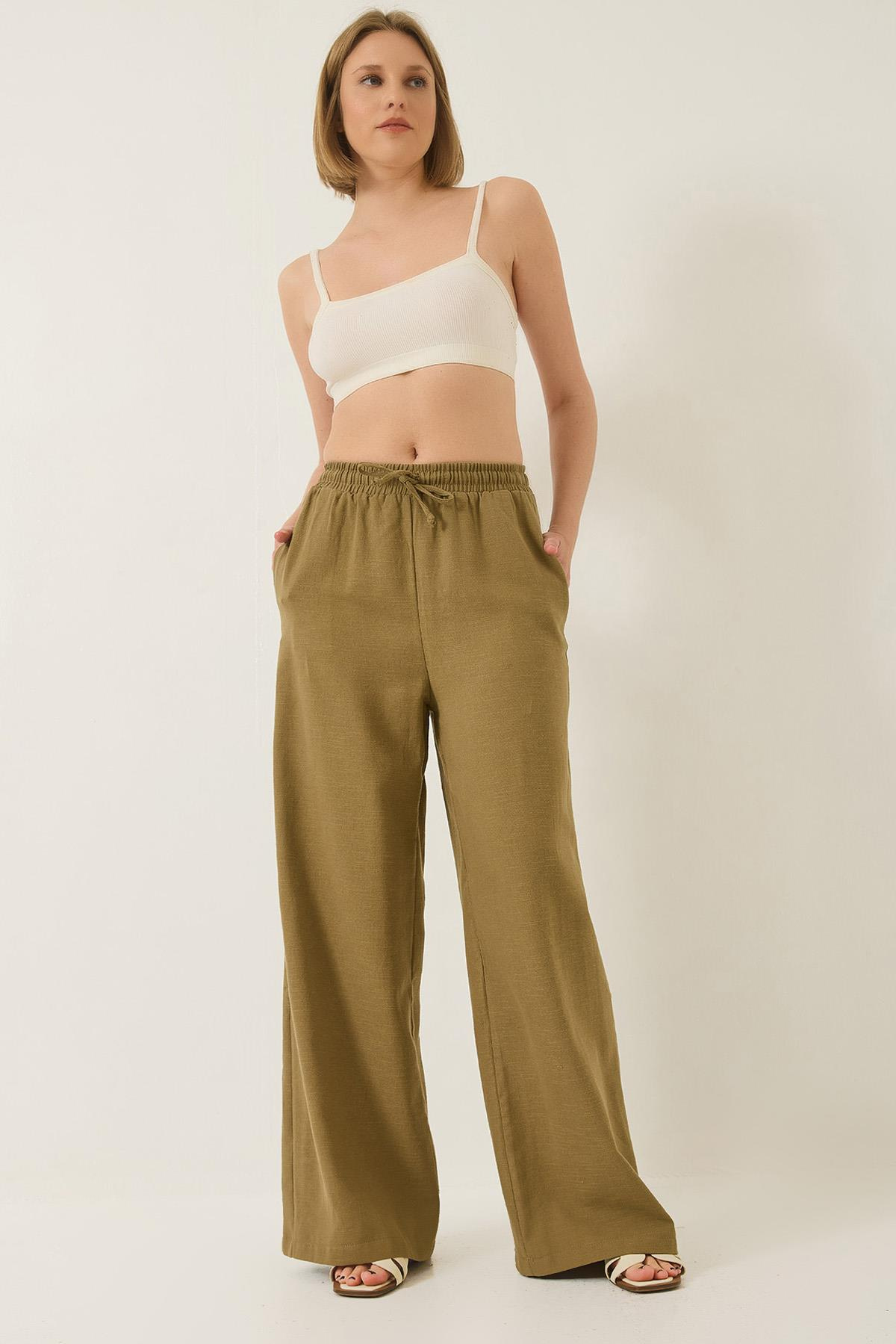 Beli Lastikli Bağlama Detaylı Cepli Keten Geniş Jogger Pantolon 3235 60281035 - Çağla Yeşili