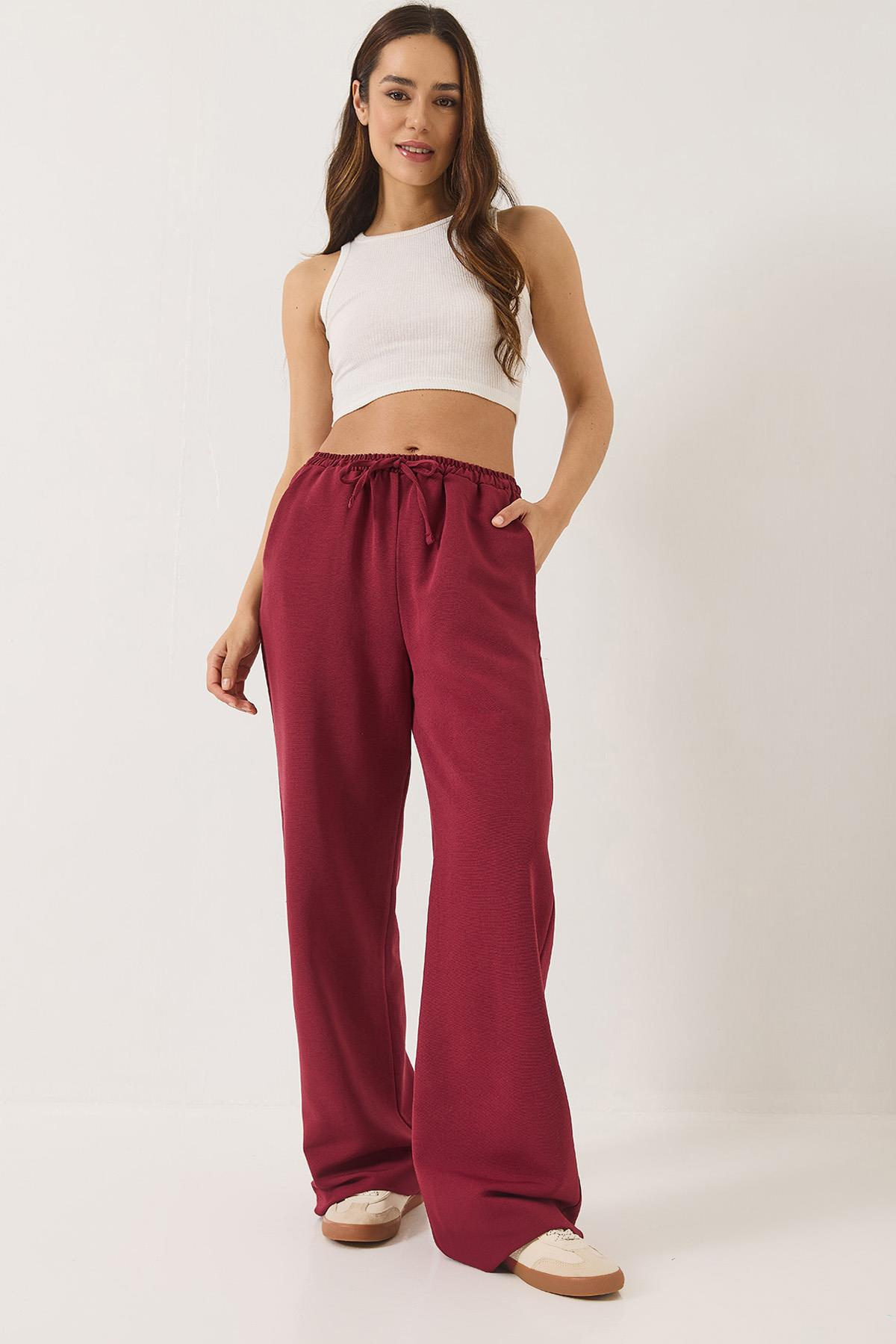 Beli Lastikli Cep Detaylı Palazzo Keten Pantolon 80182 60271083 - Bordo