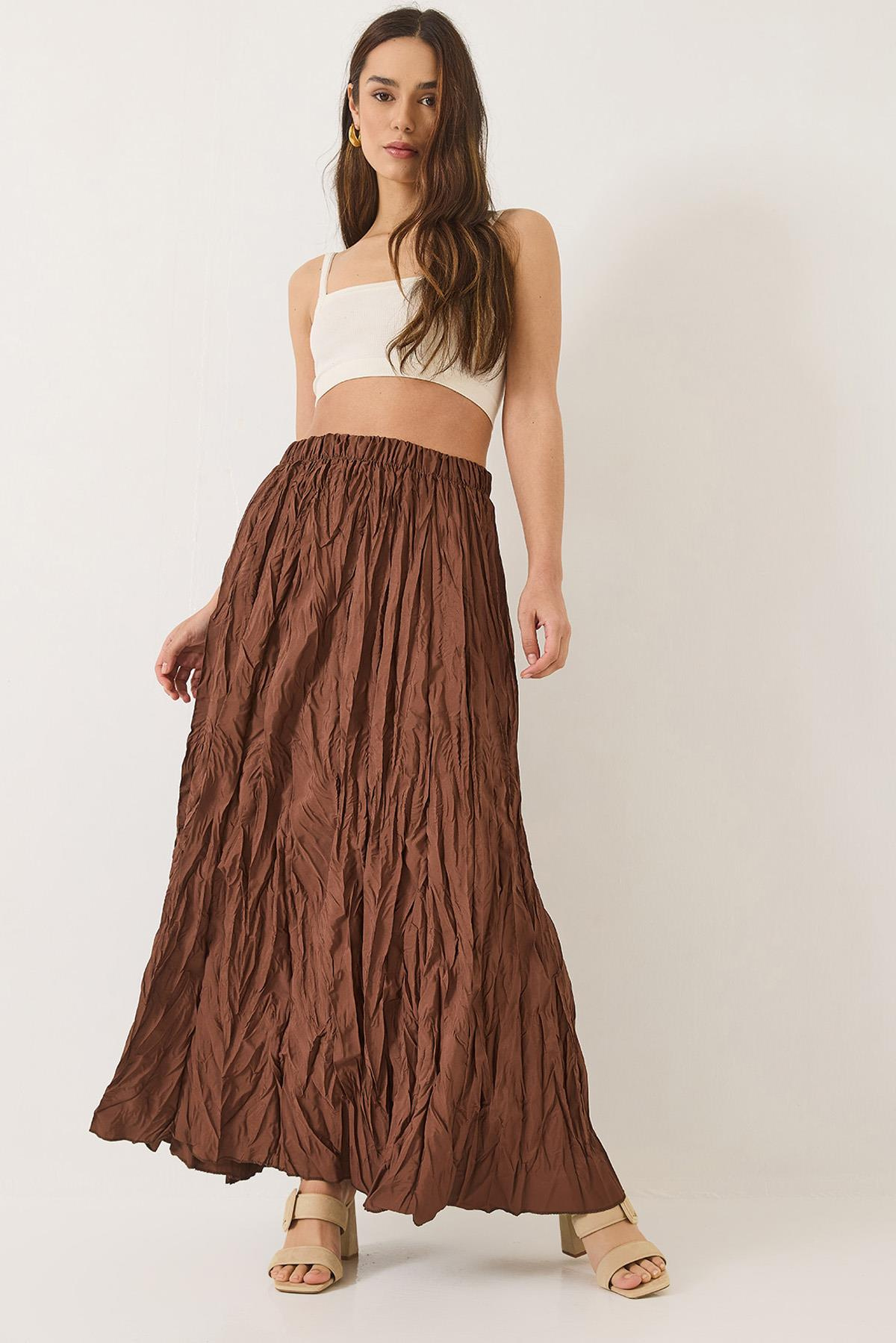 Beli Lastikli Crush Efektli Uzun Etek 60283112 - Acı Kahve