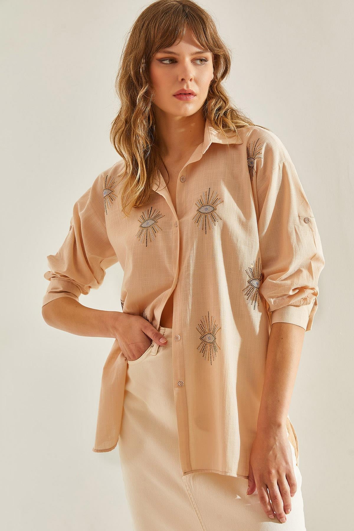 Bianco Lucci Modest Kadın Keten Göz Taşlı Sofya Keten Gömlek 60181016 - Camel GÖMLEK modelleri