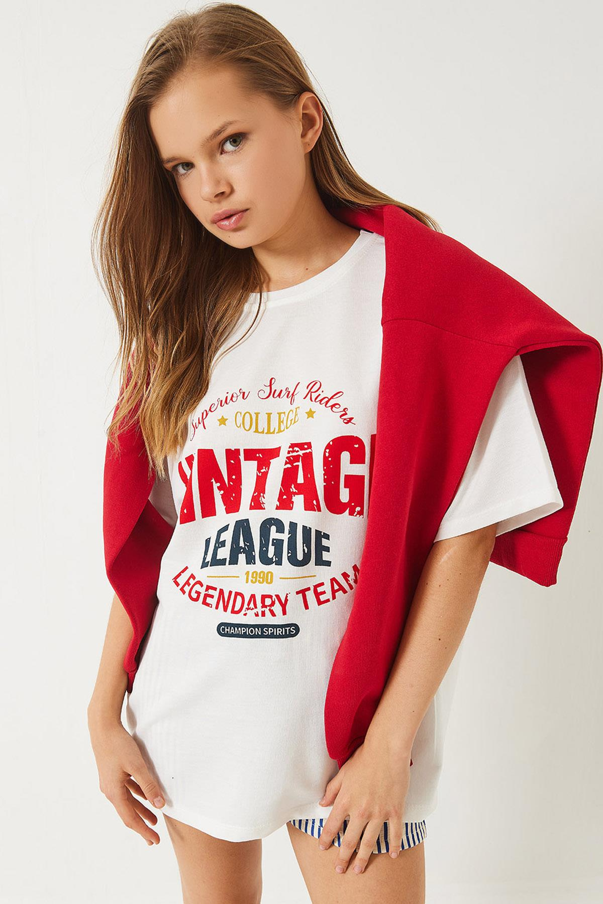 Bisiklet Yaka Baskılı Oversize T-Shirt 3091 60283076 - Beyaz