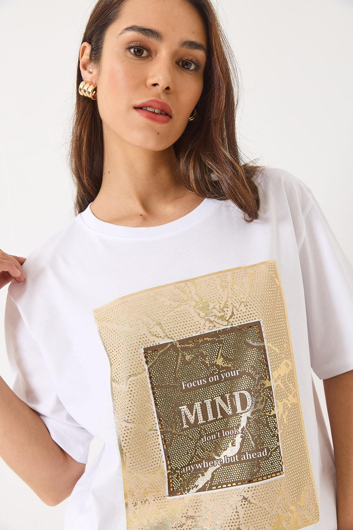 Bisiklet Yaka Kısa Kollu Taş Baskılı Oversize T-Shirt 60283036 - Beyaz