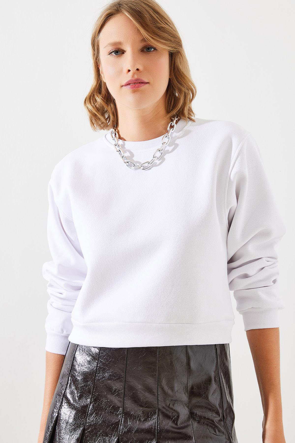 Bisiklet Yaka Şardonlu Basic Crop Sweatshirt 60251797 - Beyaz SWEATSHİRT modelleri