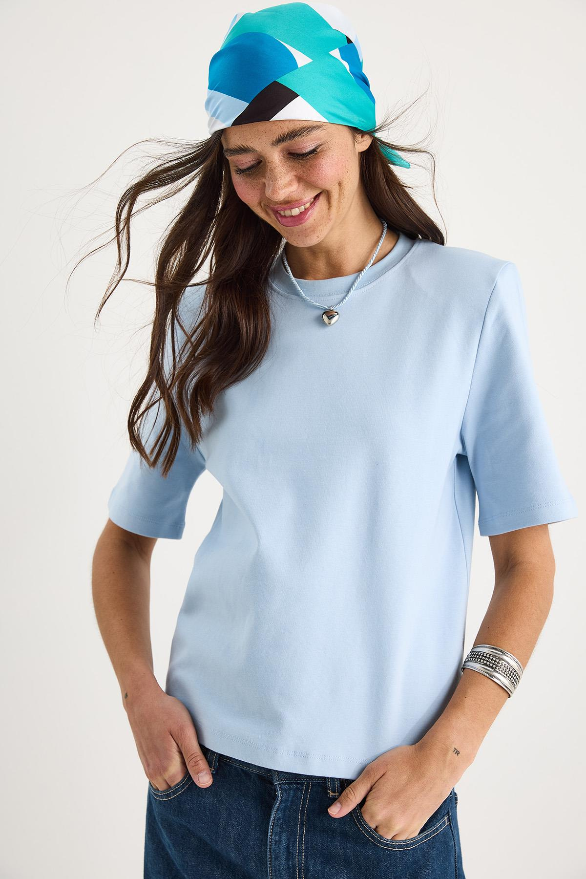 Bisiklet Yaka Vatkalı Pamuklu Basic T-Shirt 241134 60283128 - Bebe Mavisi