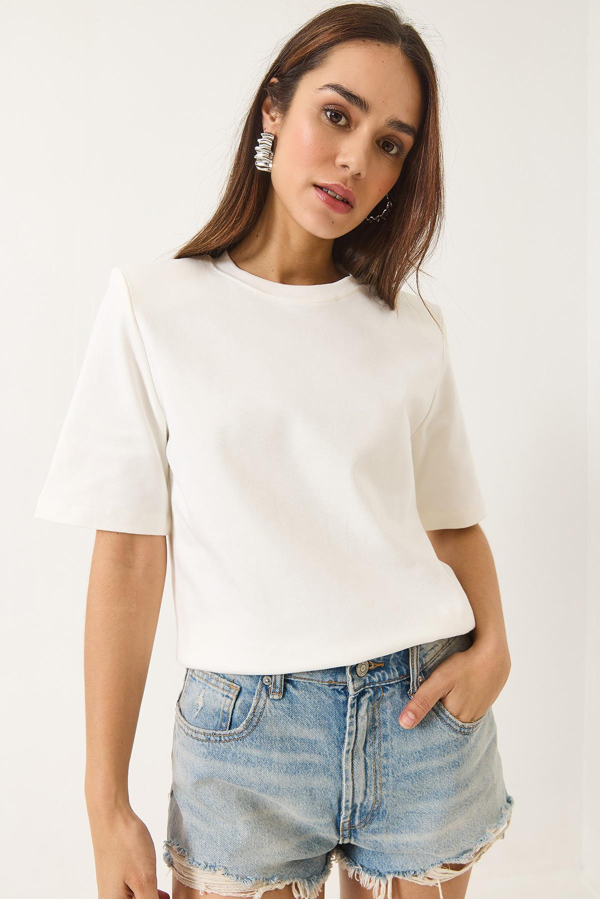Bisiklet Yaka Vatkalı Pamuklu Basic T-Shirt 241134 60283128 - Beyaz