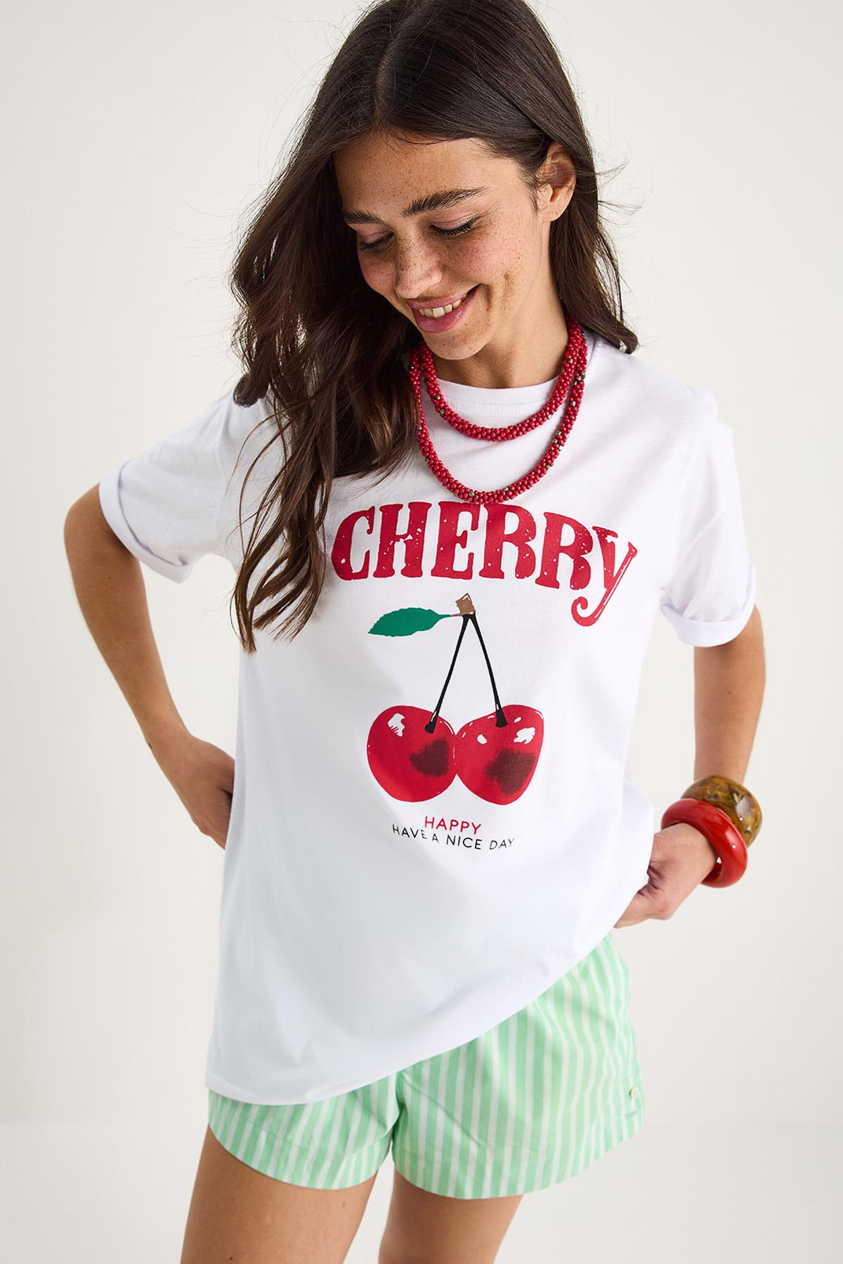 Cherry Baskılı Oversize Basic Pamuklu T-Shirt 04025 60284052 - Beyaz