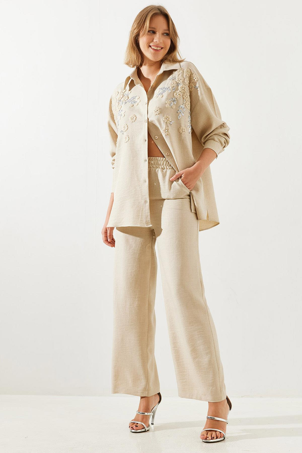 Çiçek Desenli Nakış İşlemeli Keten Oversize Alt-Üst Takım MBMS029 60501029 - Taş