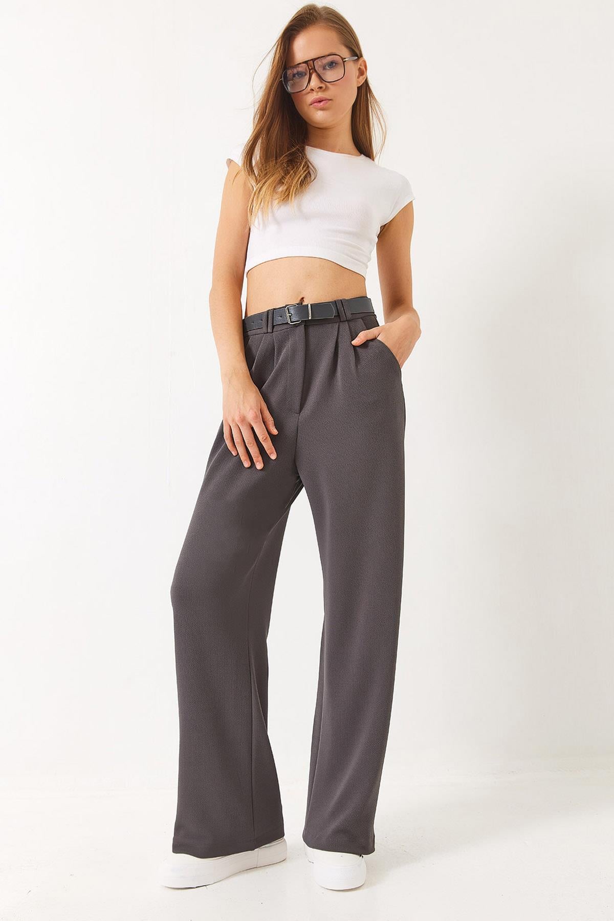 Çift Pile Detaylı Kemerli Örme Pantolon 3851 60261449 - Füme