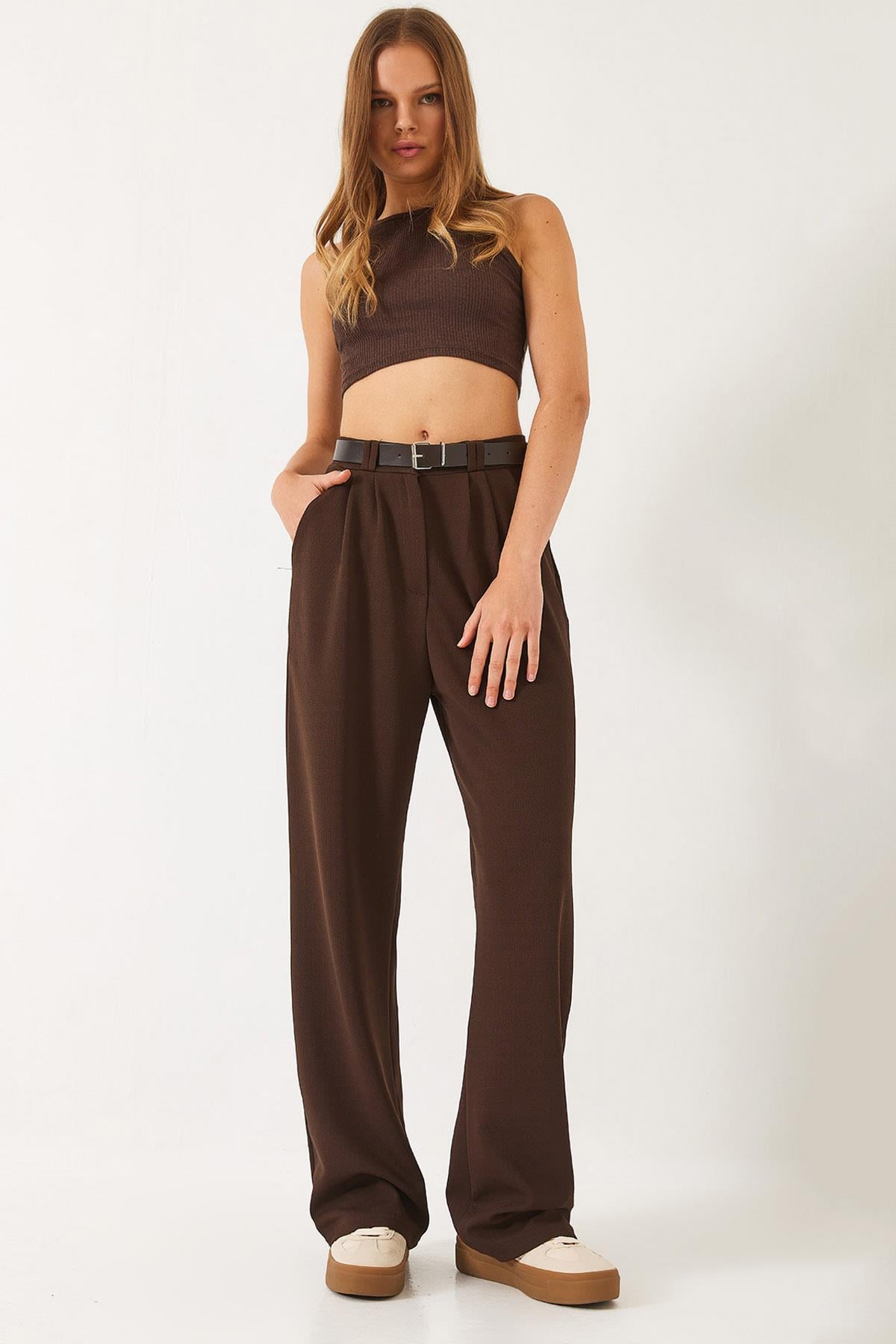 Çift Pile Detaylı Kemerli Örme Pantolon 3851 60261449 - Acı Kahve