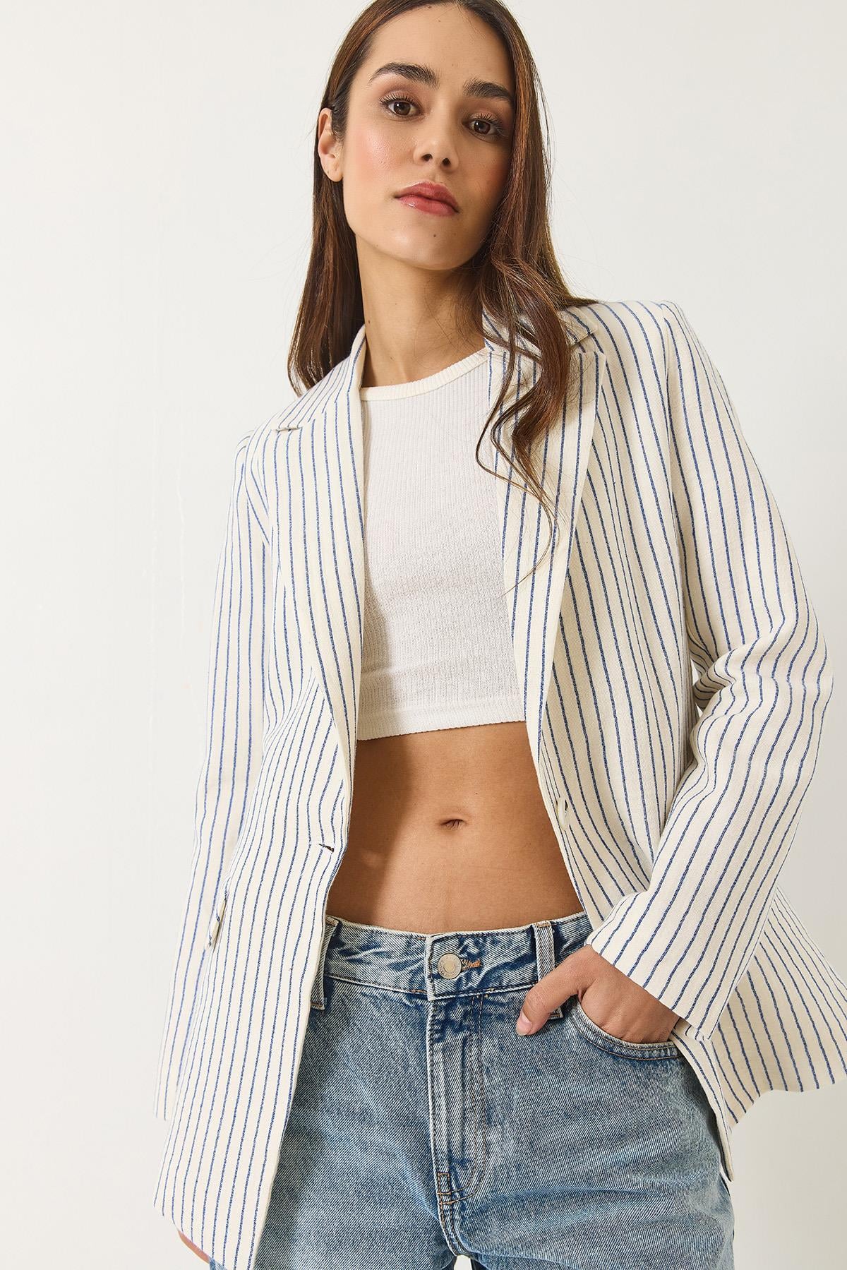 Çizgili Uzun Kollu Keten Karışımlı Astarlı Blazer Ceket 60283121 - Ekru-Lacivert