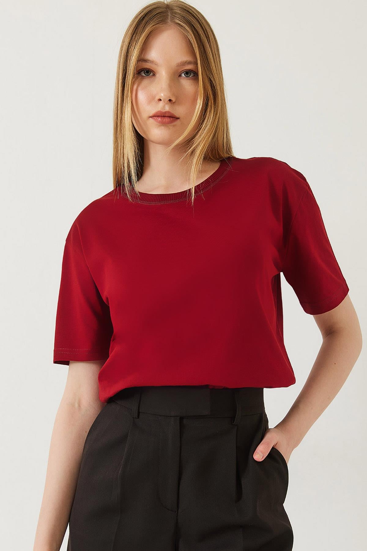 Dekoratif Dikişli Bisiklet Yaka Tshirt 60602001 - Bordo