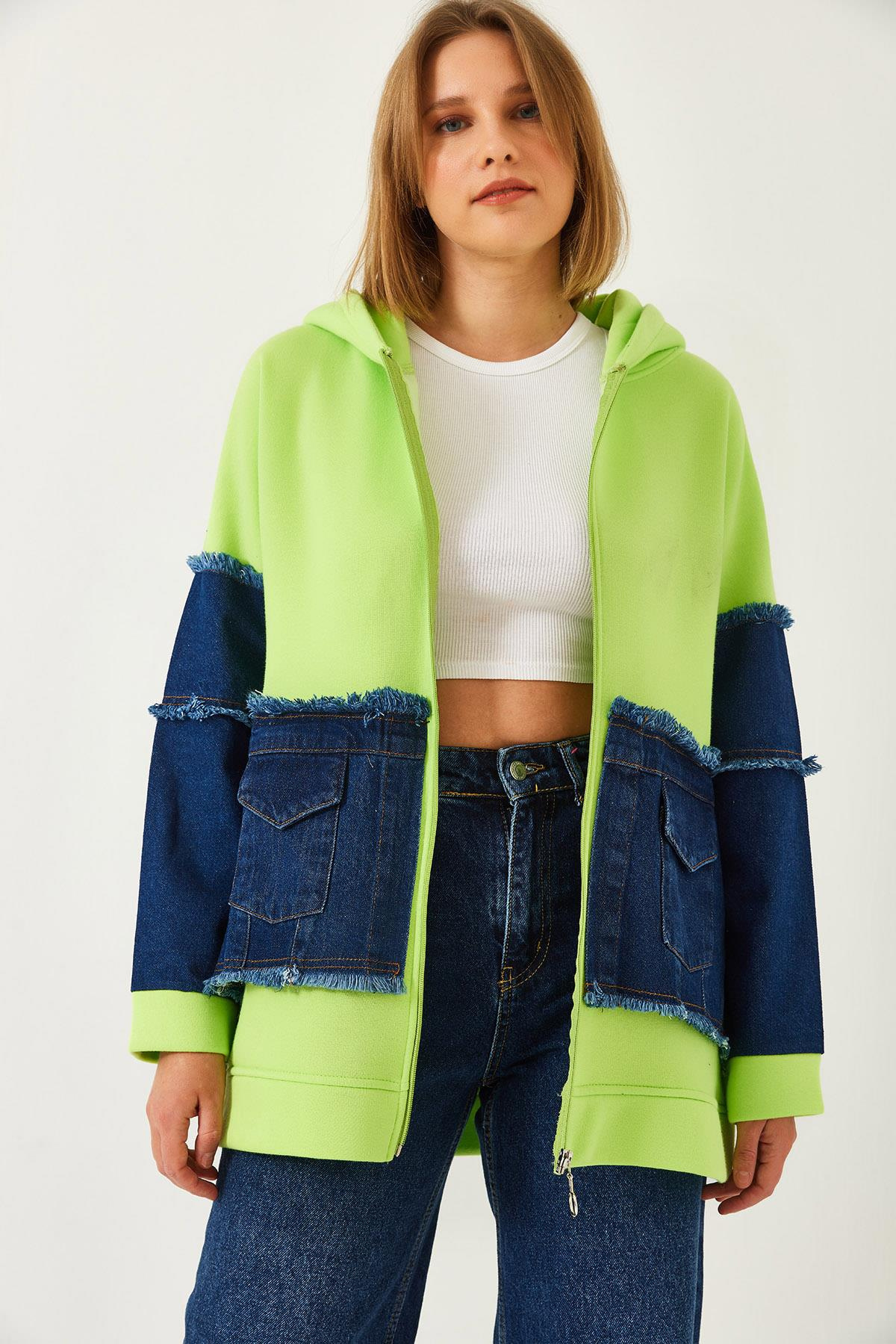 Denim Cep Detaylı Üç İplik Şardonlu Hırka  60351322 - Neon Sarı HIRKA modelleri