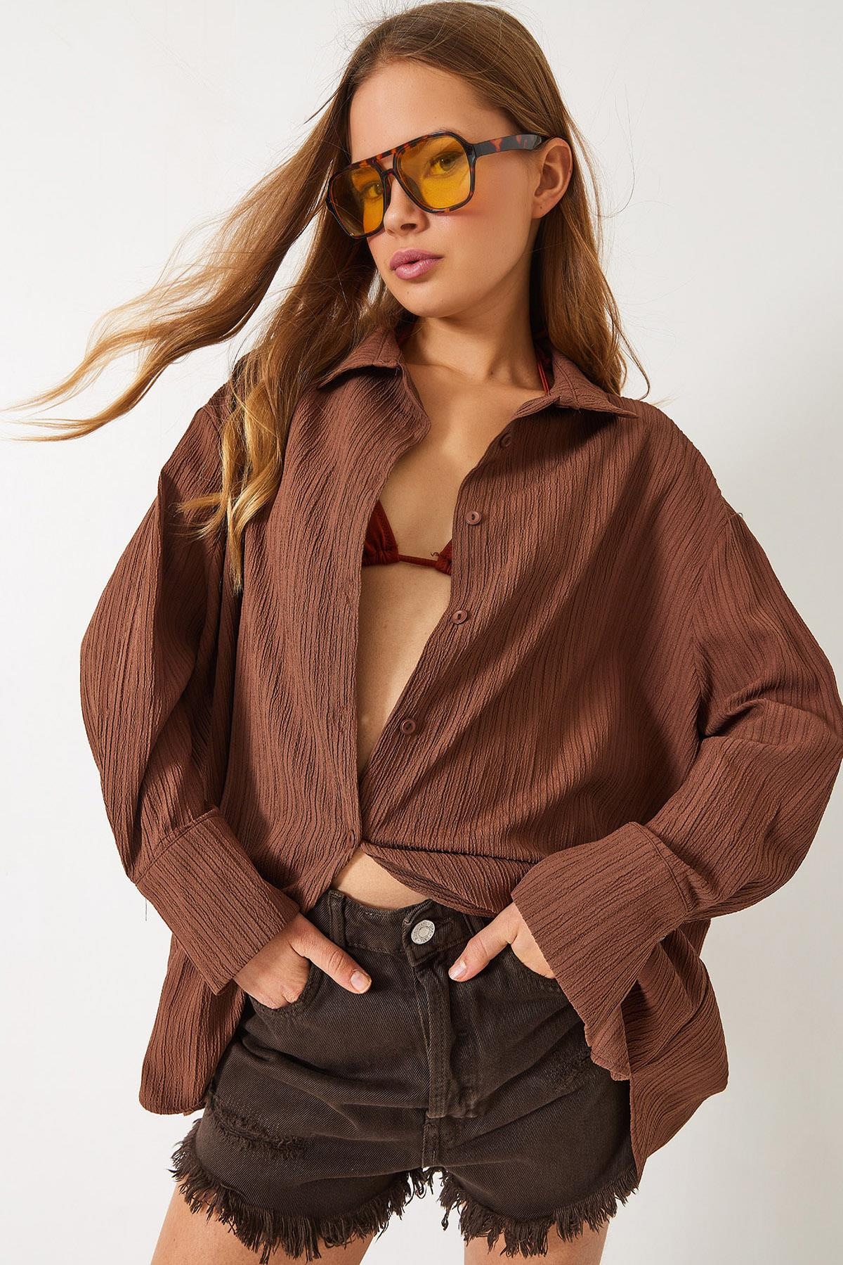 Düşük Omuz Oversize Basic Bürümcük Gömlek 60392 60271069 - Kahverengi