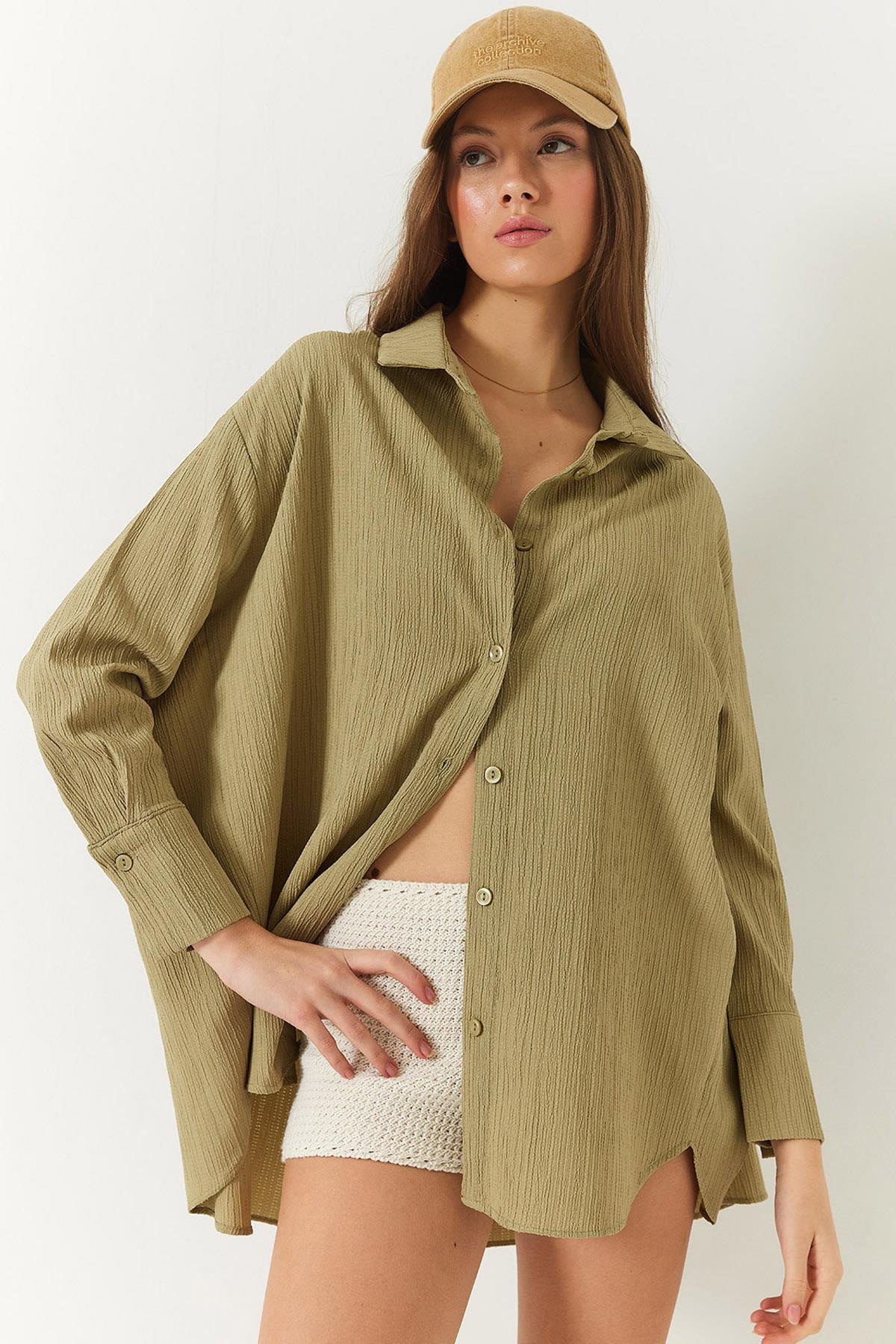 Düşük Omuz Oversize Basic Bürümcük Gömlek 60392 60271069 - Haki
