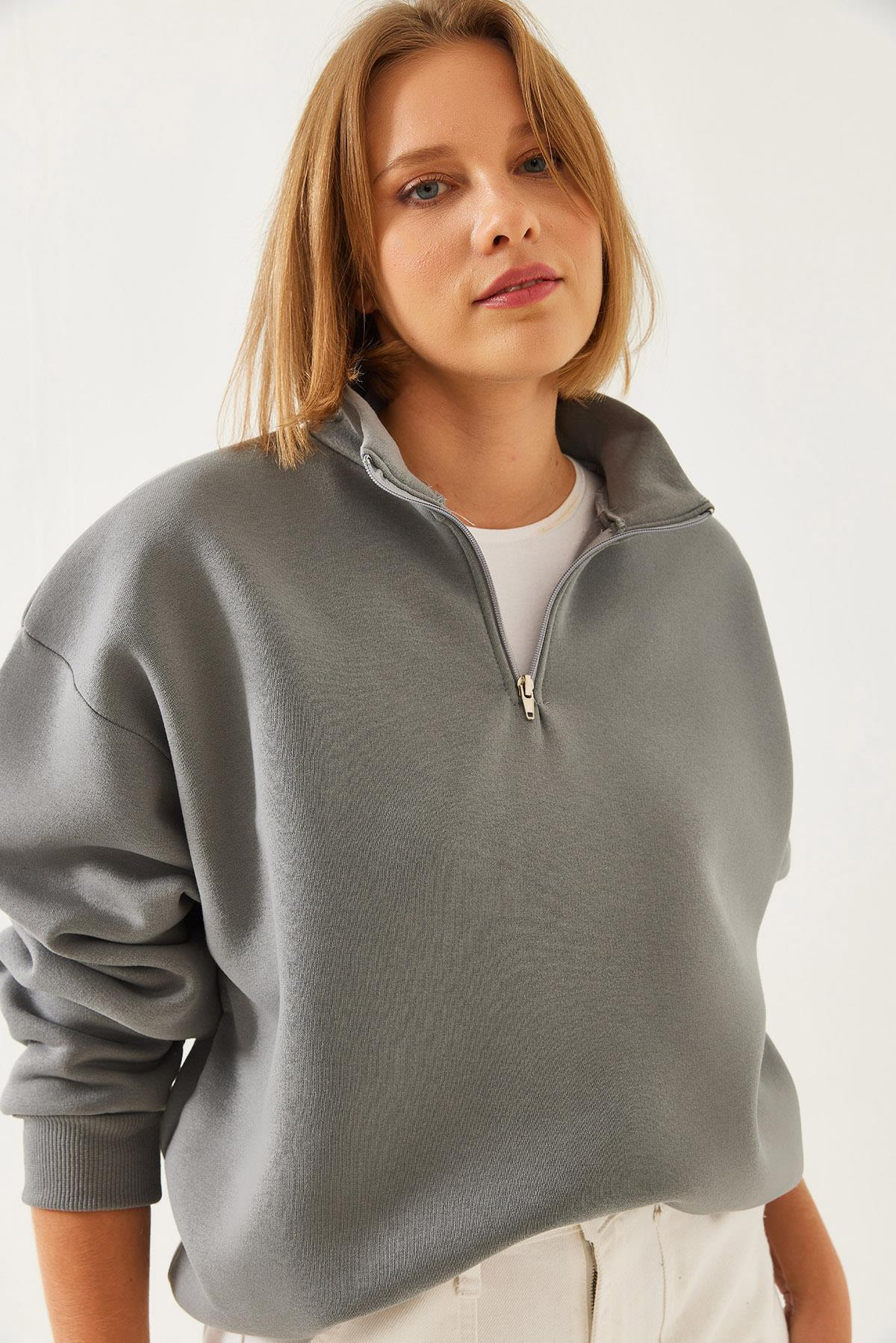 Fermuarlı Oversize Sweatshirt 60351254 - Gri