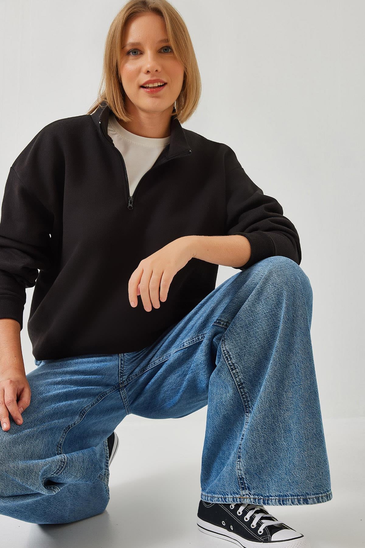 Fermuarlı Oversize Sweatshirt 60351254 - Siyah